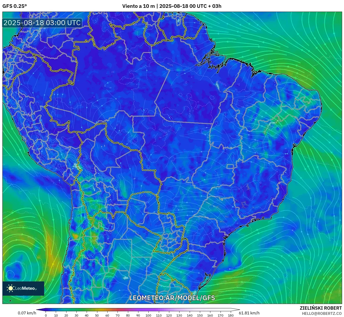 GFS model - Brasil, Viento a 10 m
