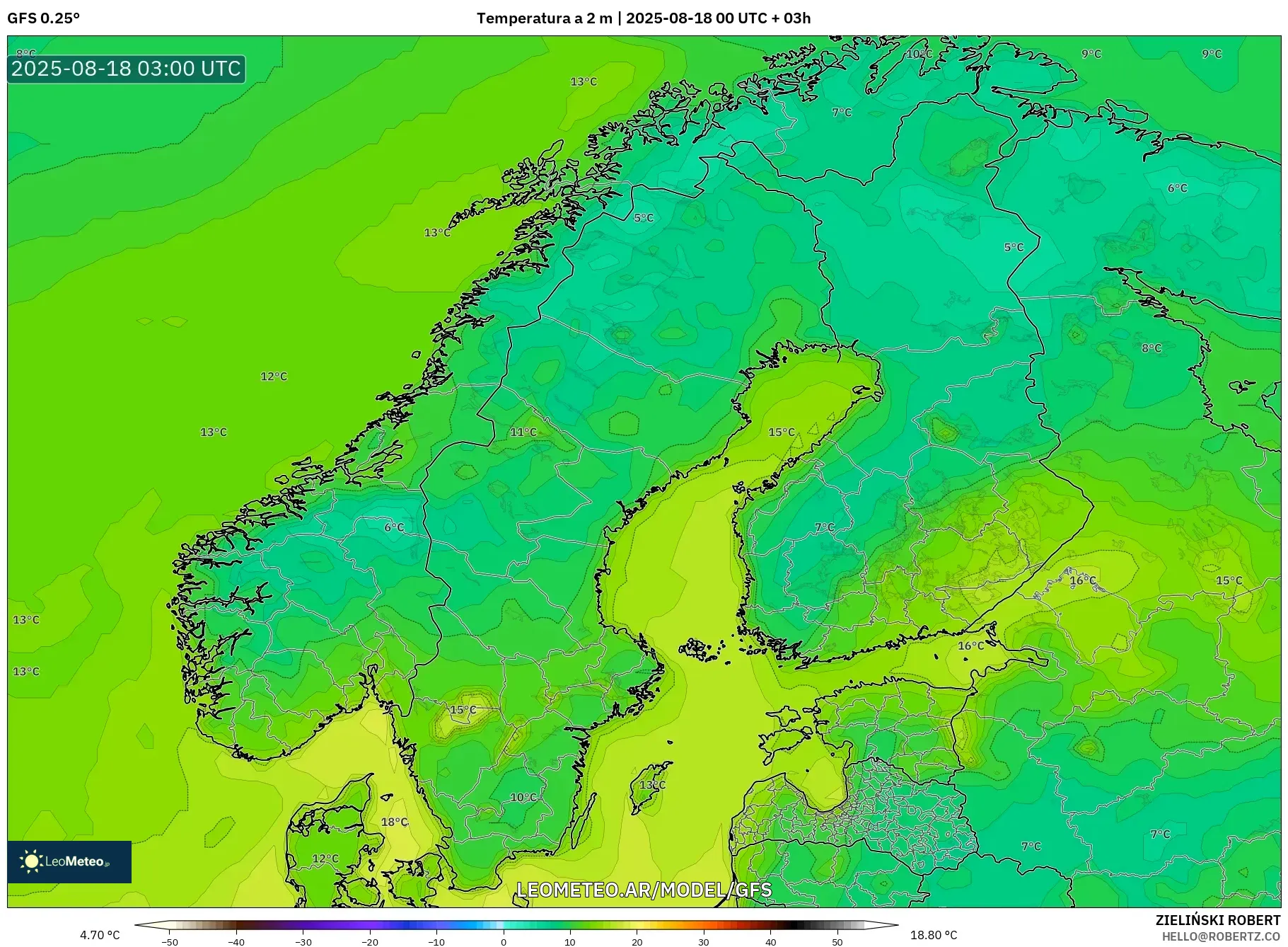 GFS model - Escandinavia, Temperatura a 2 m