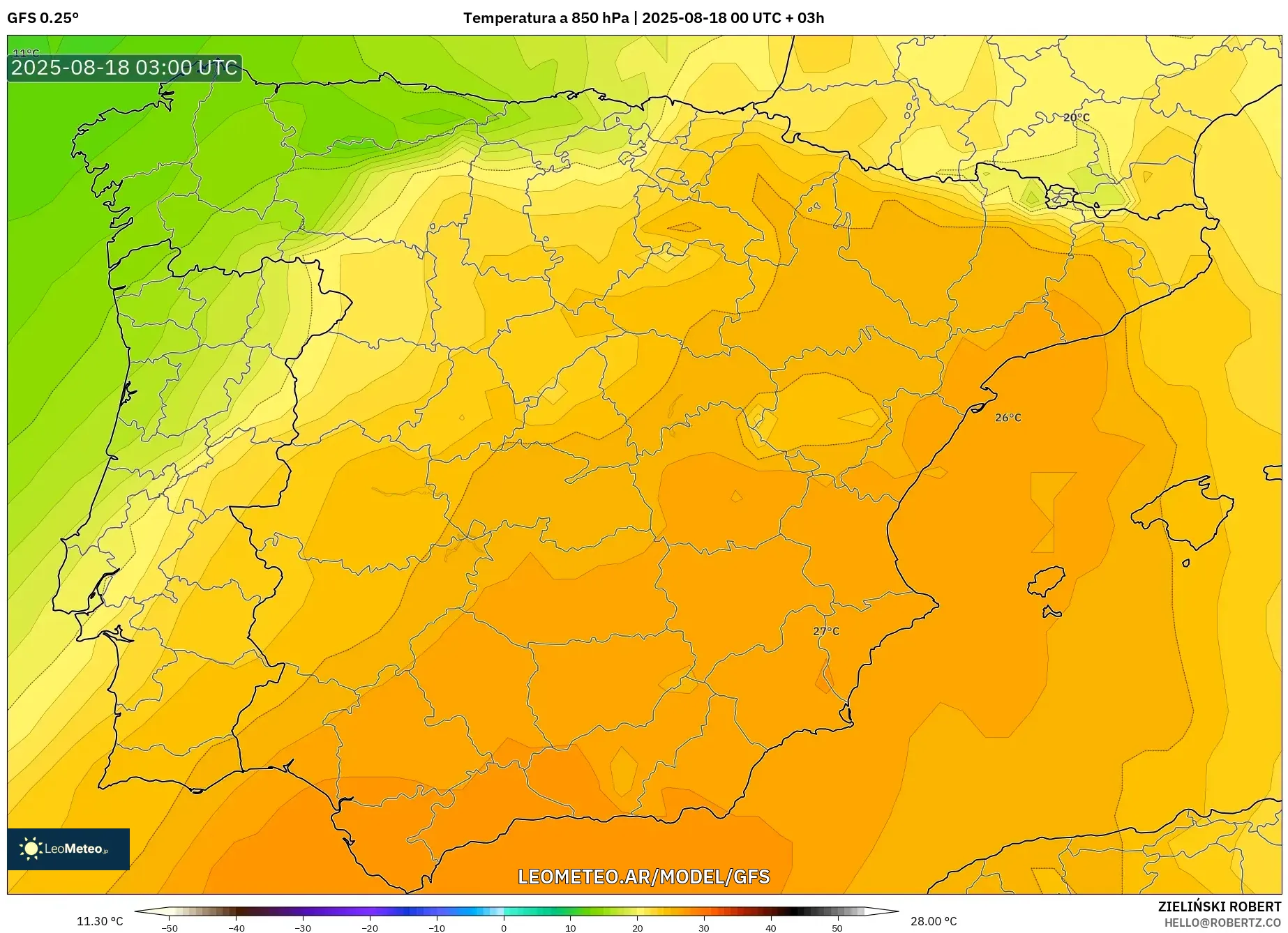 GFS model - España, Temperatura a 850 hPa