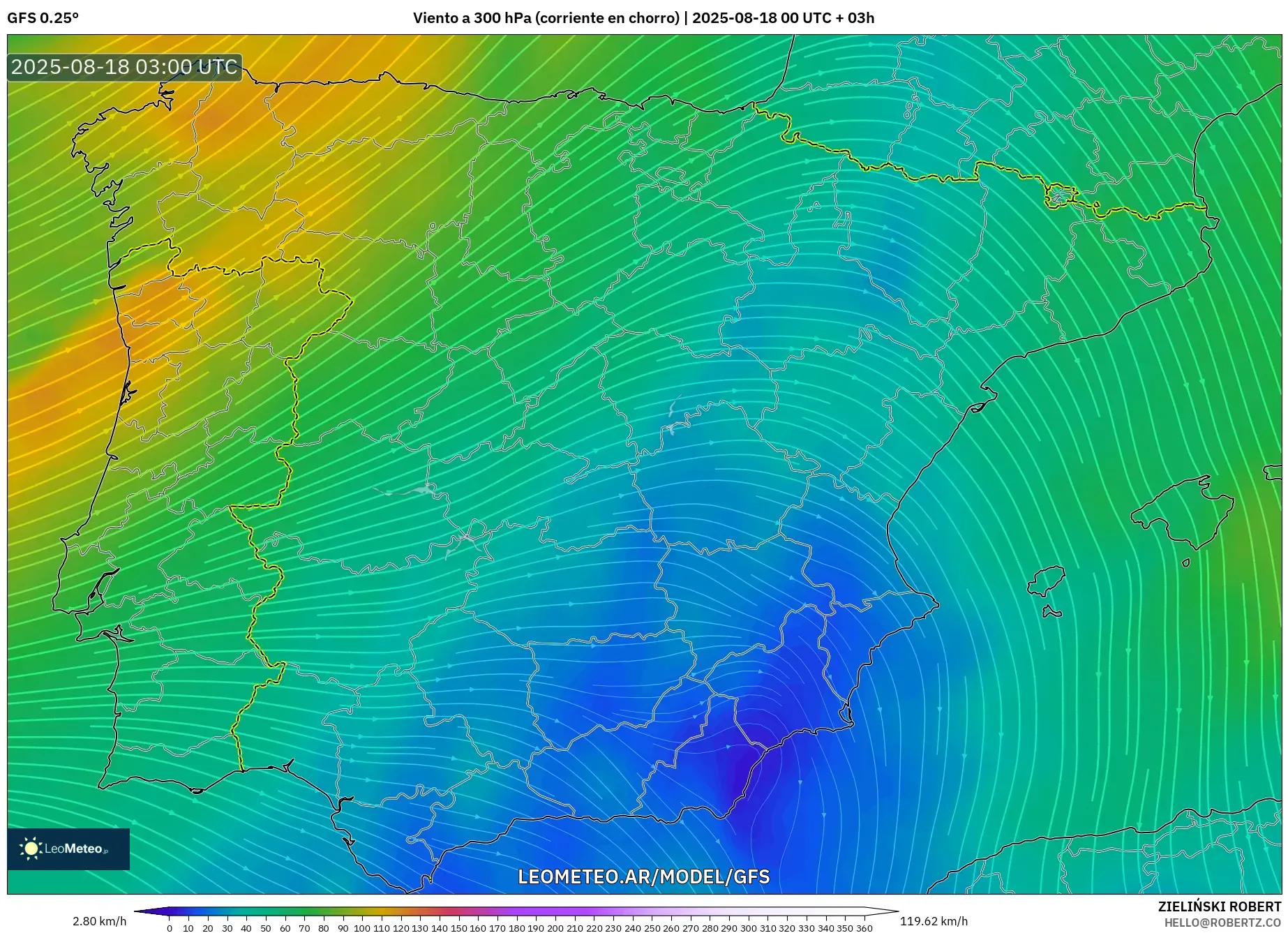 GFS model - España, Viento a 300 hPa (corriente en chorro) GFS model - España, Viento a 300 hPa (corriente en chorro)