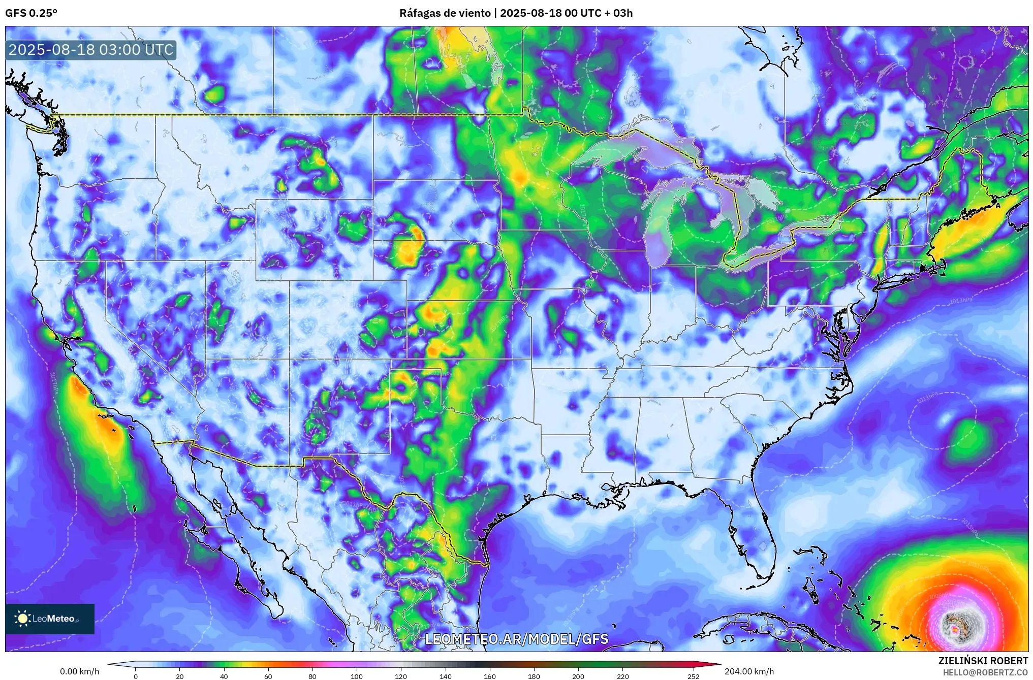 GFS model - Estados Unidos, Ráfagas de viento GFS model - Estados Unidos, Ráfagas de viento