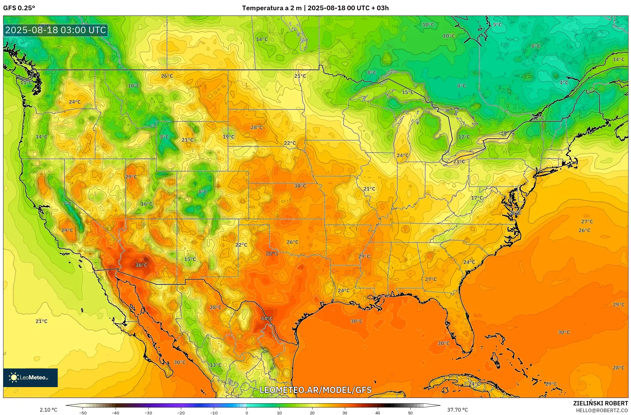 GFS model - Estados Unidos, Temperatura a 2 m