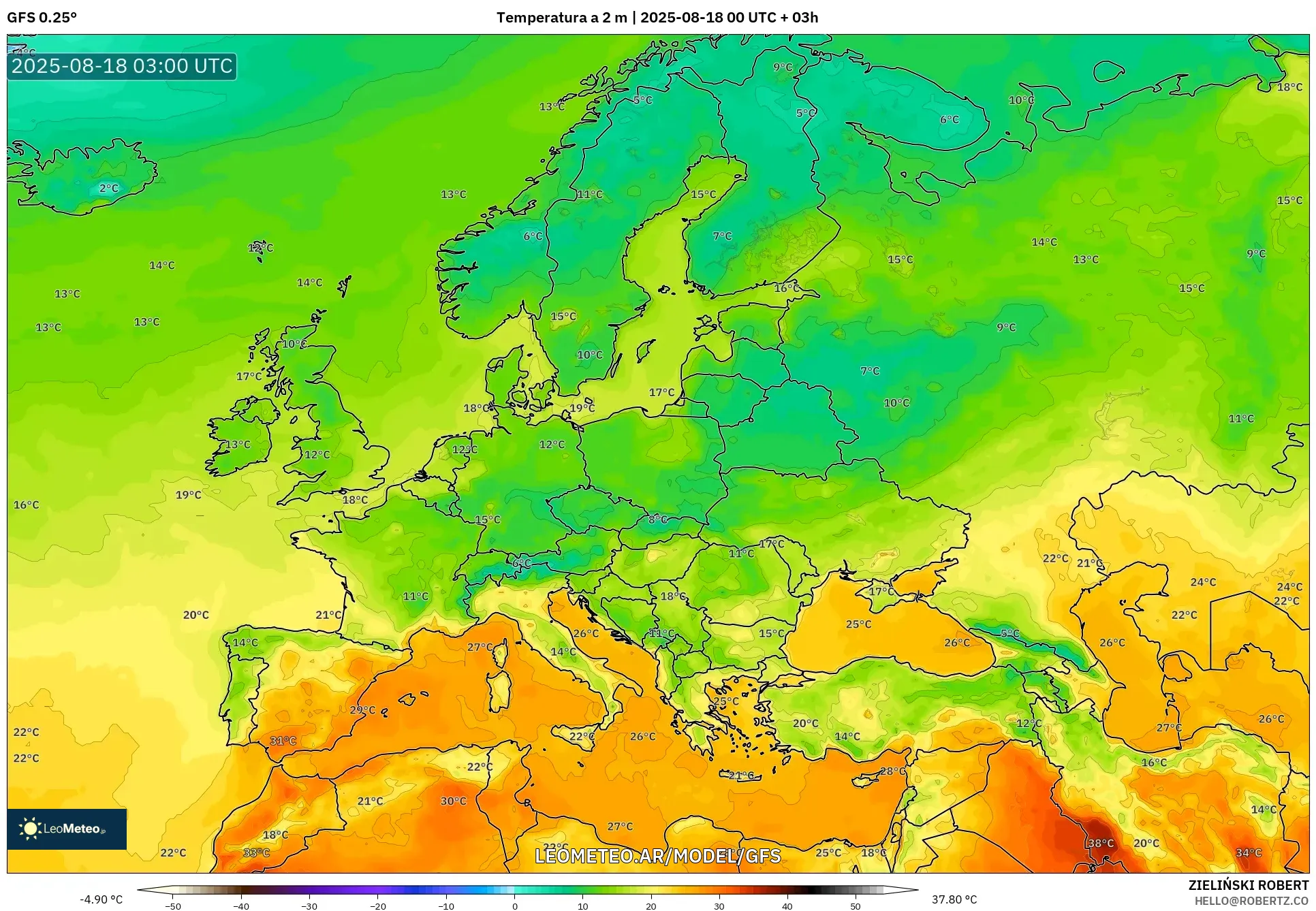 GFS model - Europa, Temperatura a 2 m
