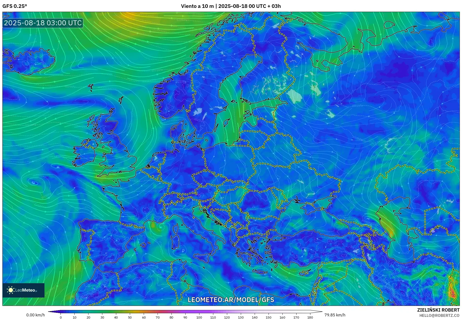 GFS model - Europa, Viento a 10 m