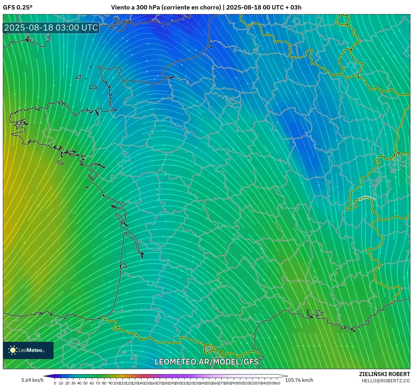 GFS model - Francia, Viento a 300 hPa (corriente en chorro)