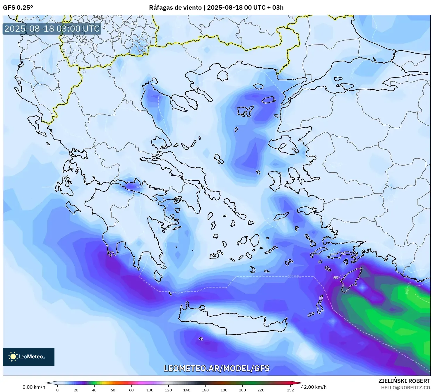 GFS model - Grecia, Ráfagas de viento GFS model - Grecia, Ráfagas de viento
