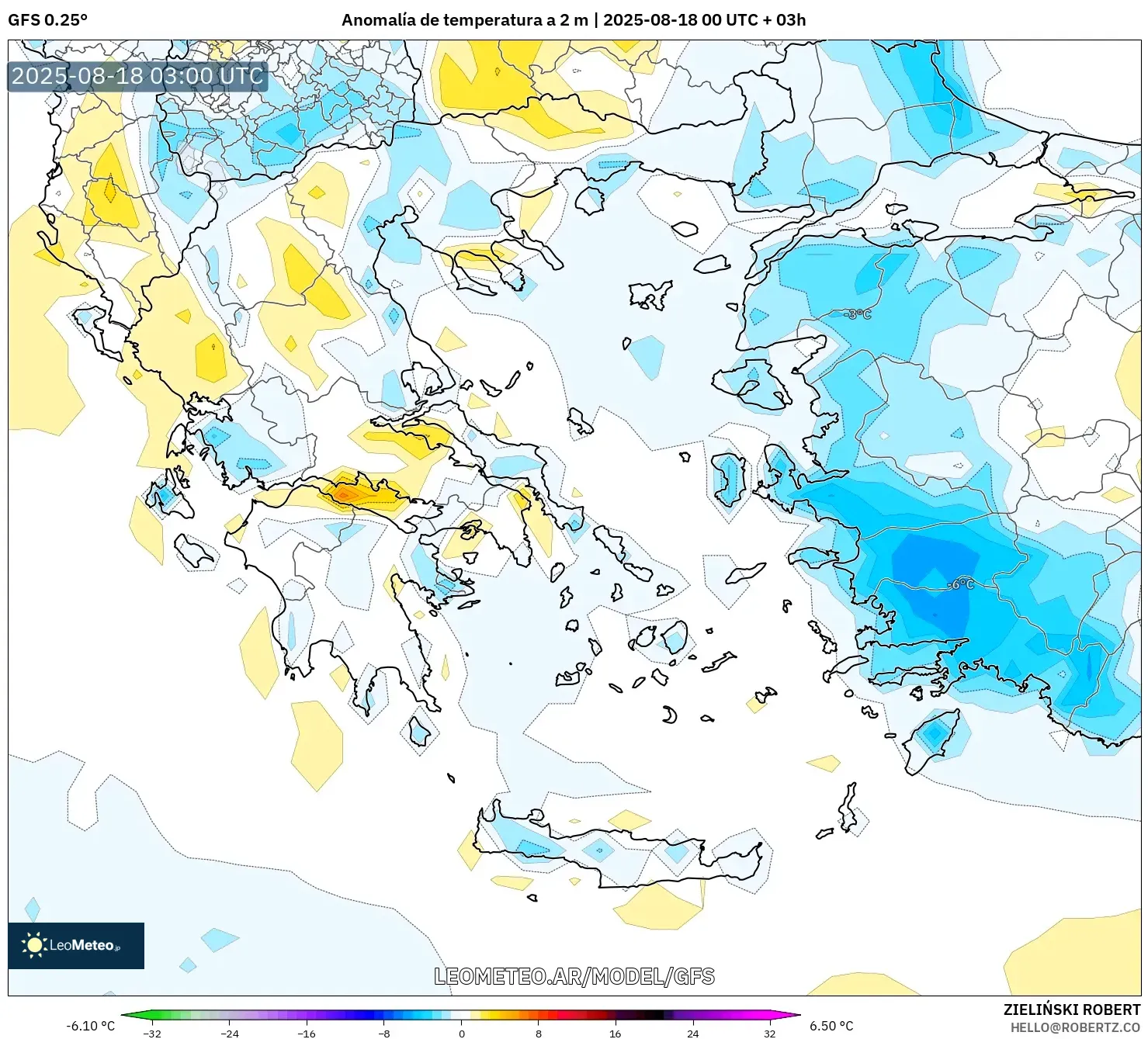 GFS model - Grecia, Anomalía de temperatura a 2 m GFS model - Grecia, Anomalía de temperatura a 2 m
