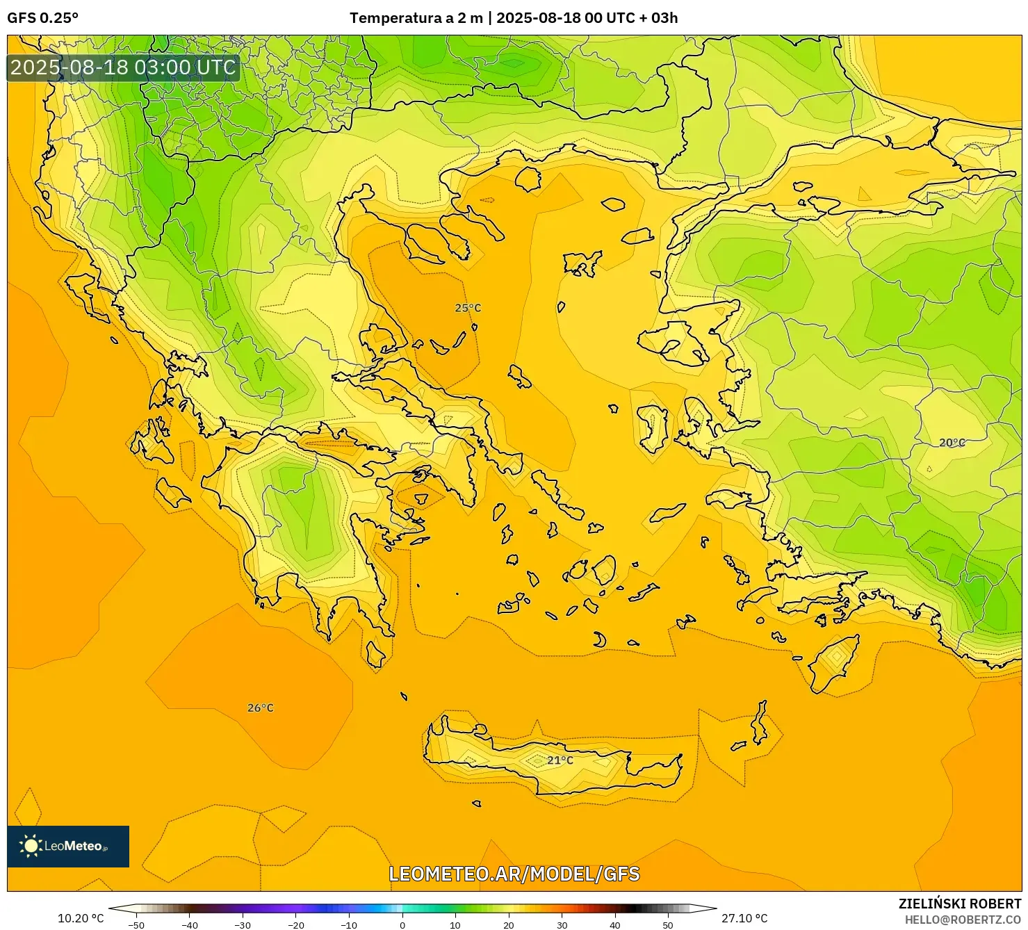 GFS model - Grecia, Temperatura a 2 m