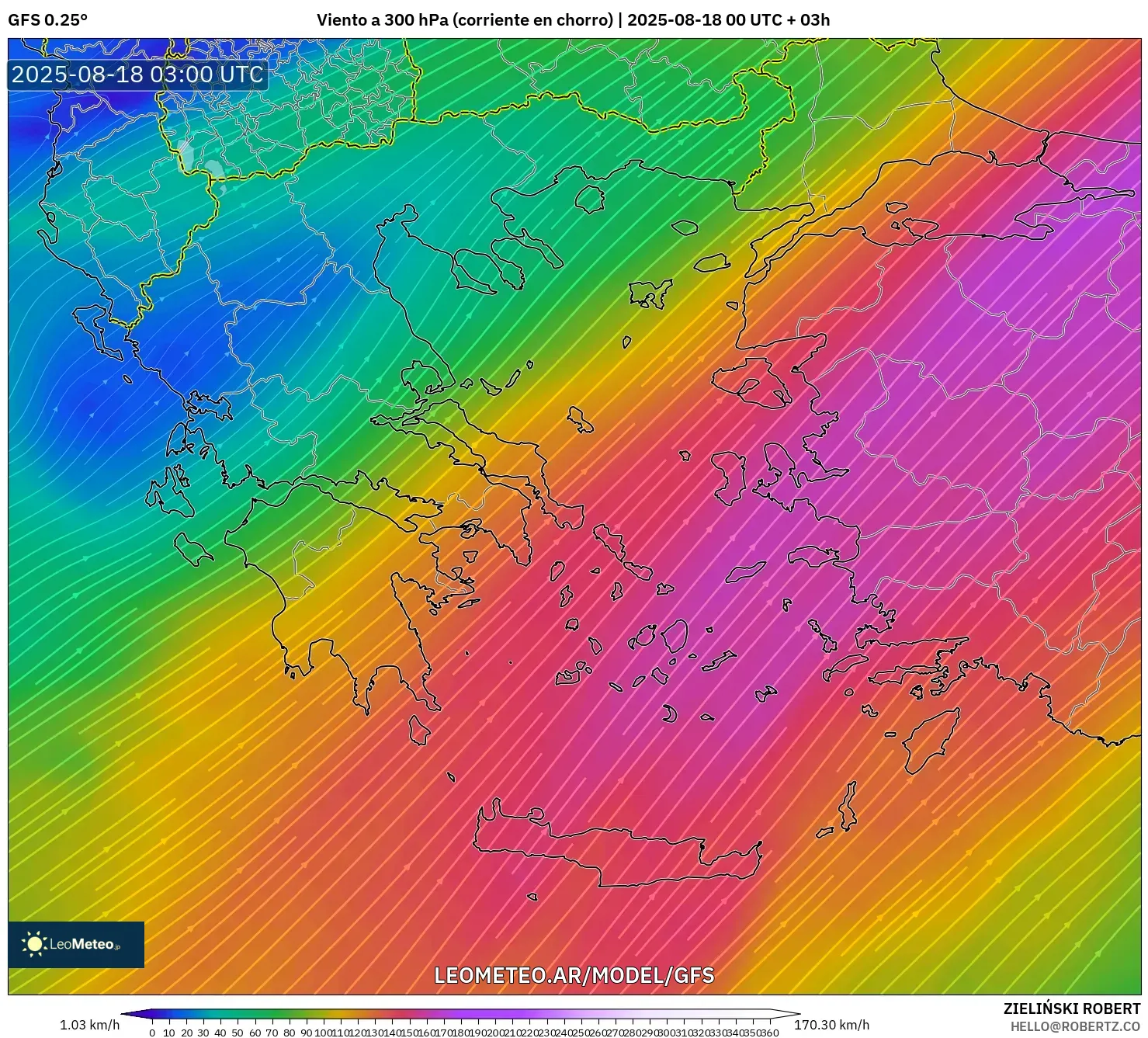GFS model - Grecia, Viento a 300 hPa (corriente en chorro)