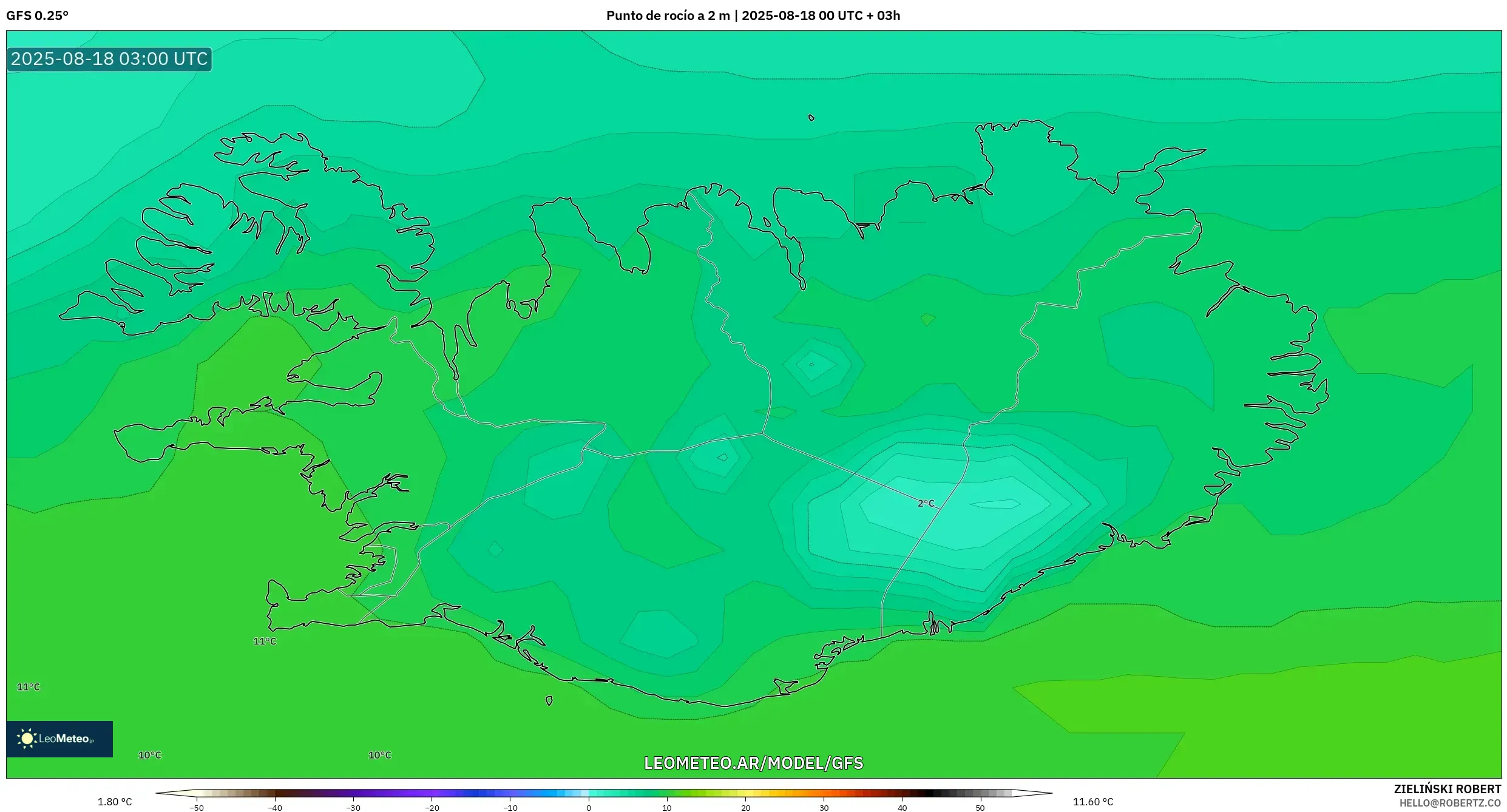 GFS model - Islandia, Punto de rocío a 2 m