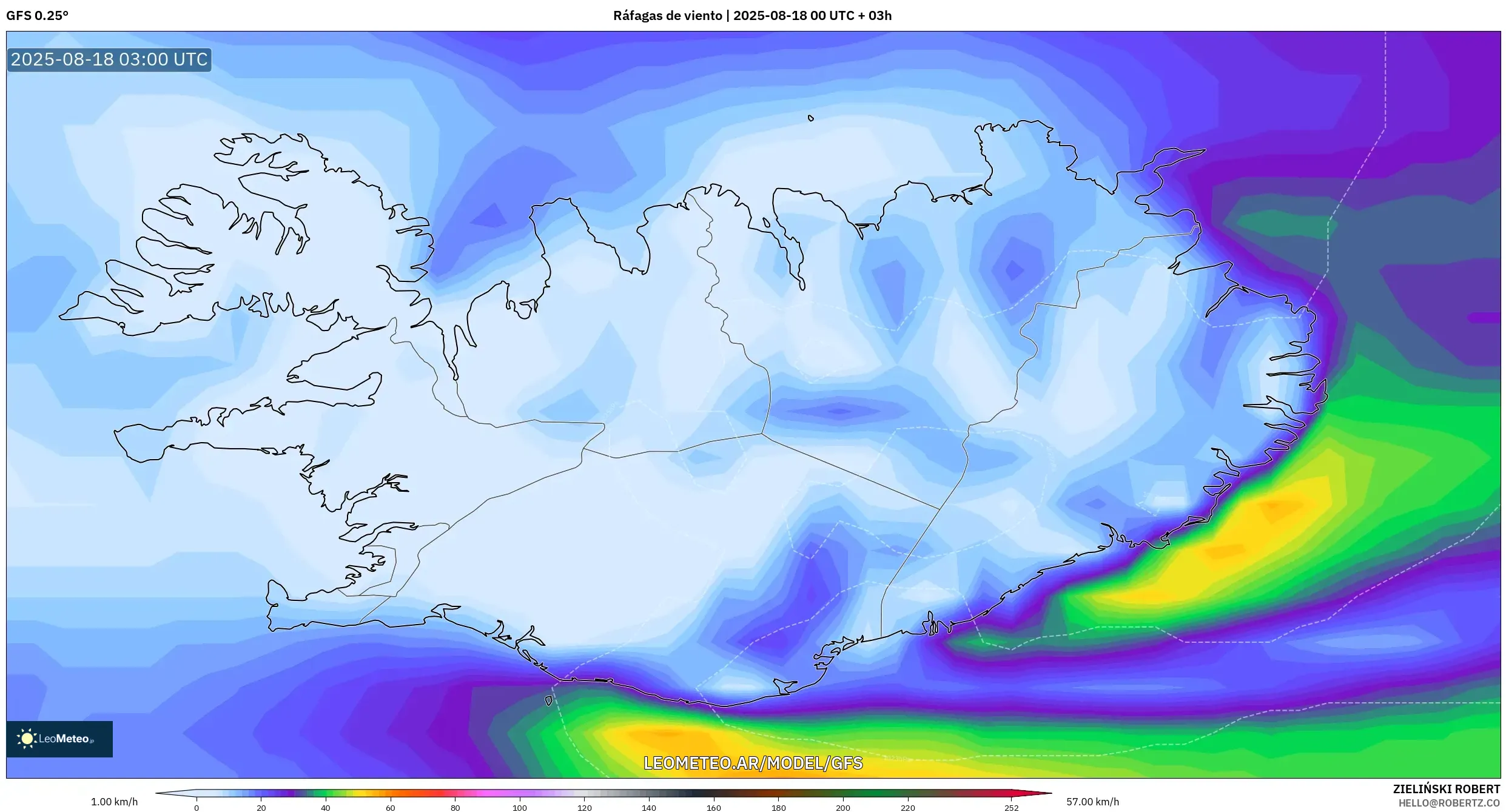 GFS model - Islandia, Ráfagas de viento