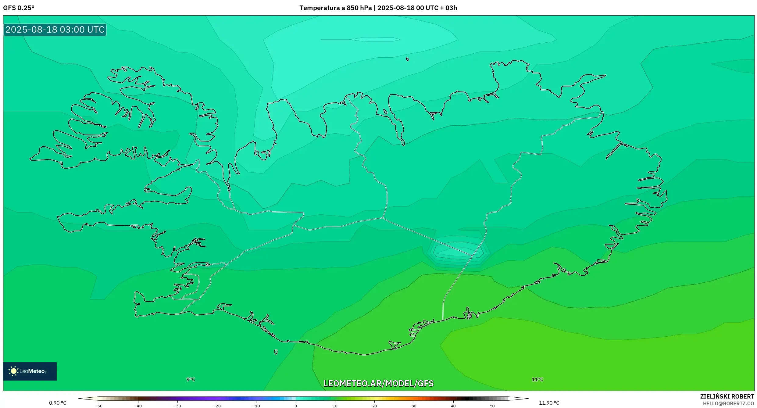GFS model - Islandia, Temperatura a 850 hPa