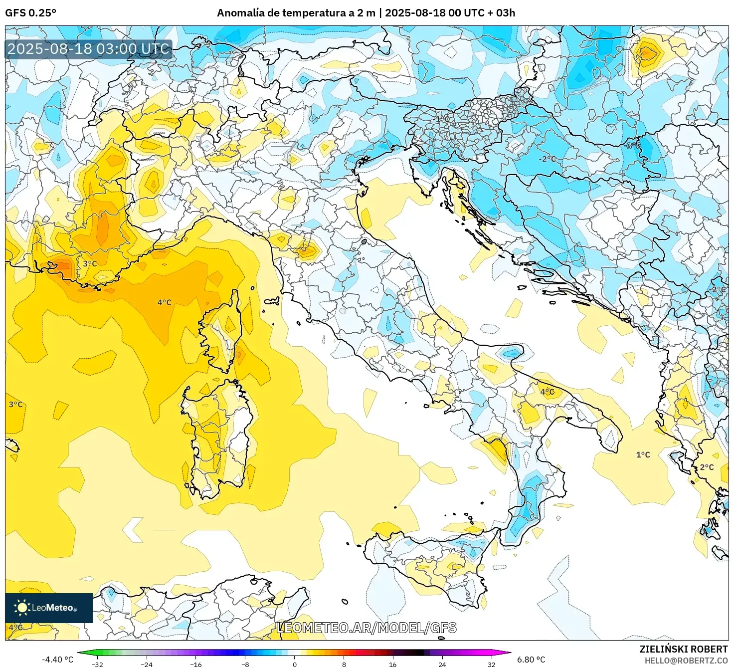 GFS model - Italia, Anomalía de temperatura a 2 m