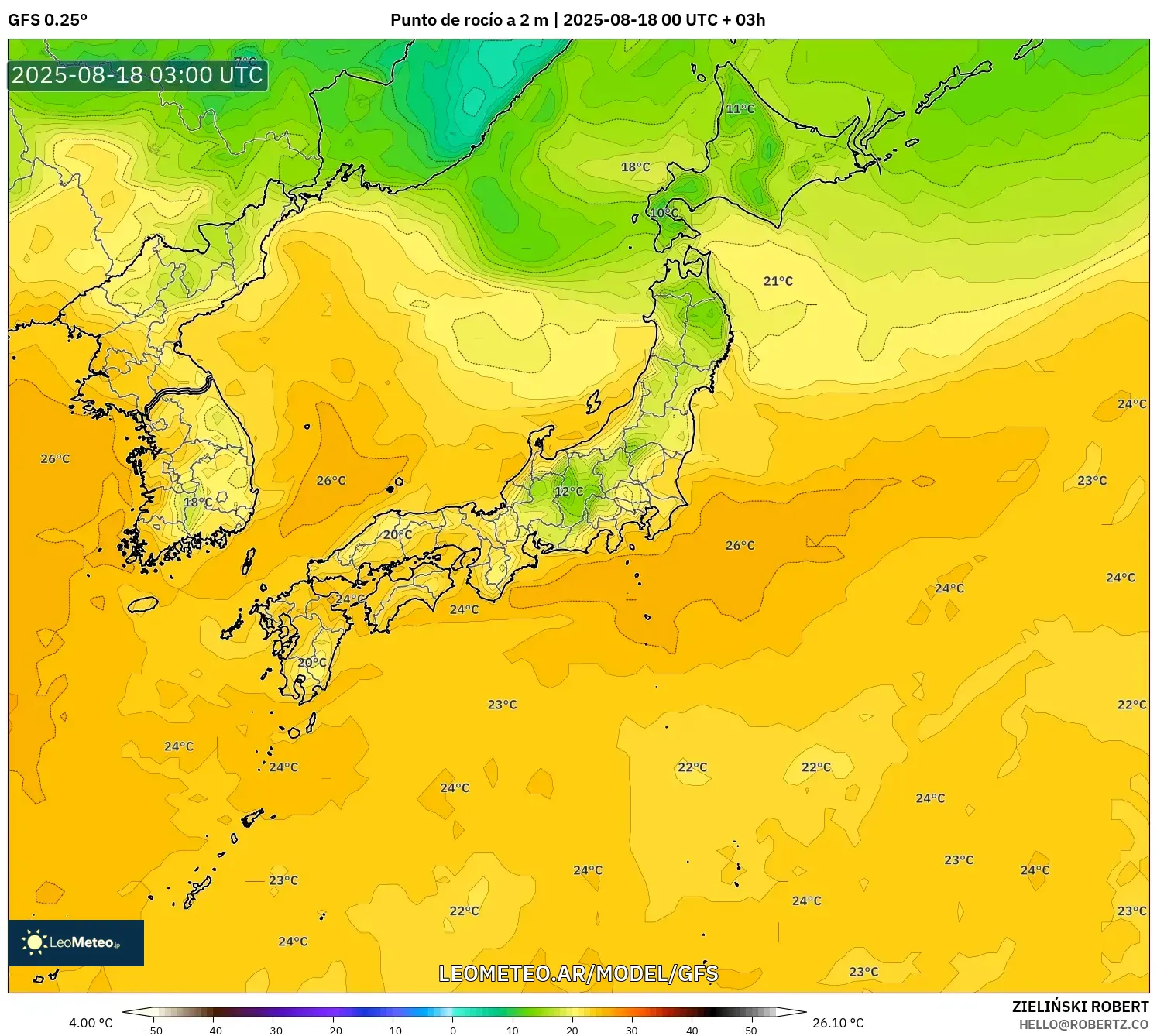 GFS model - Japón, Punto de rocío a 2 m