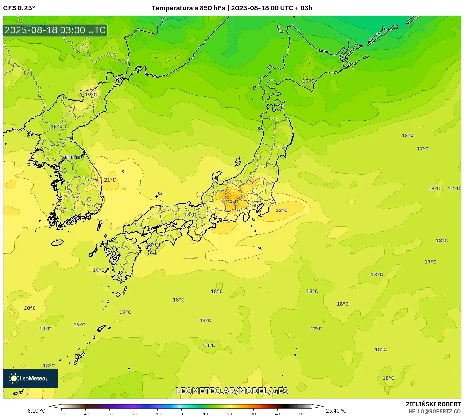 GFS model - Japón, Temperatura a 850 hPa GFS model - Japón, Temperatura a 850 hPa
