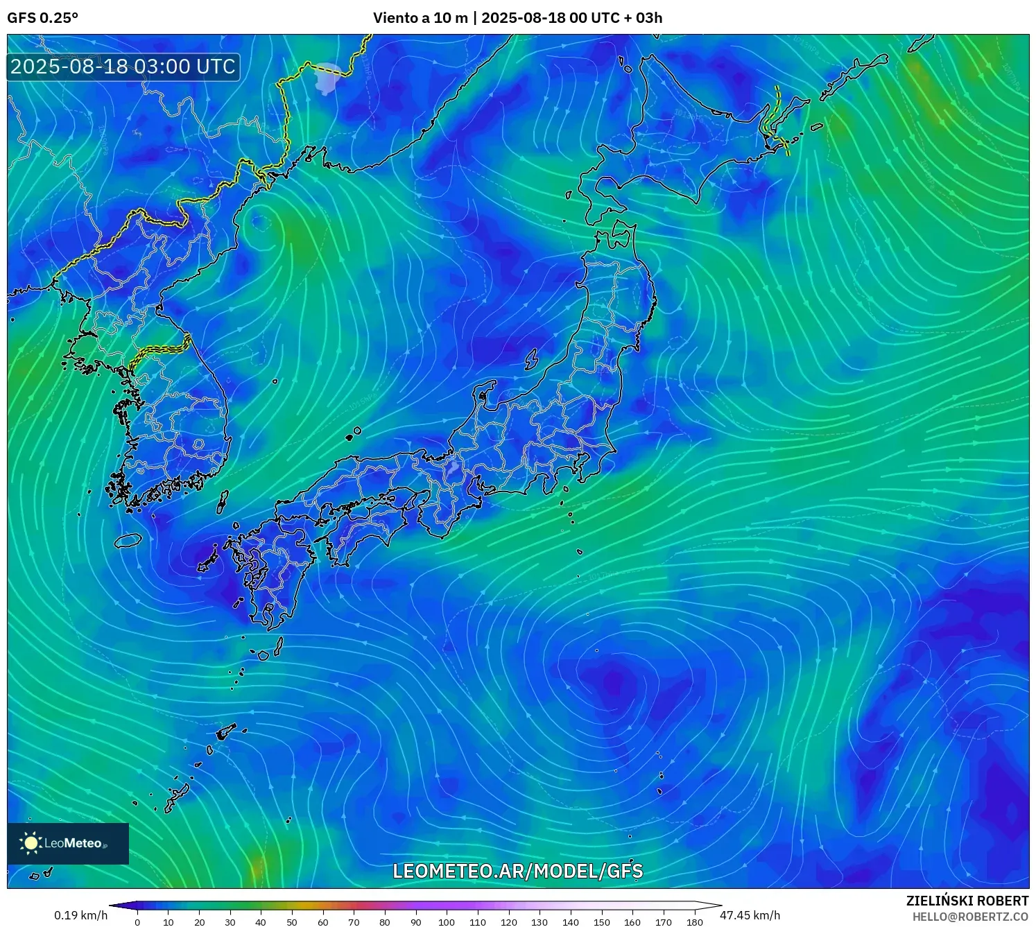 GFS model - Japón, Viento a 10 m GFS model - Japón, Viento a 10 m