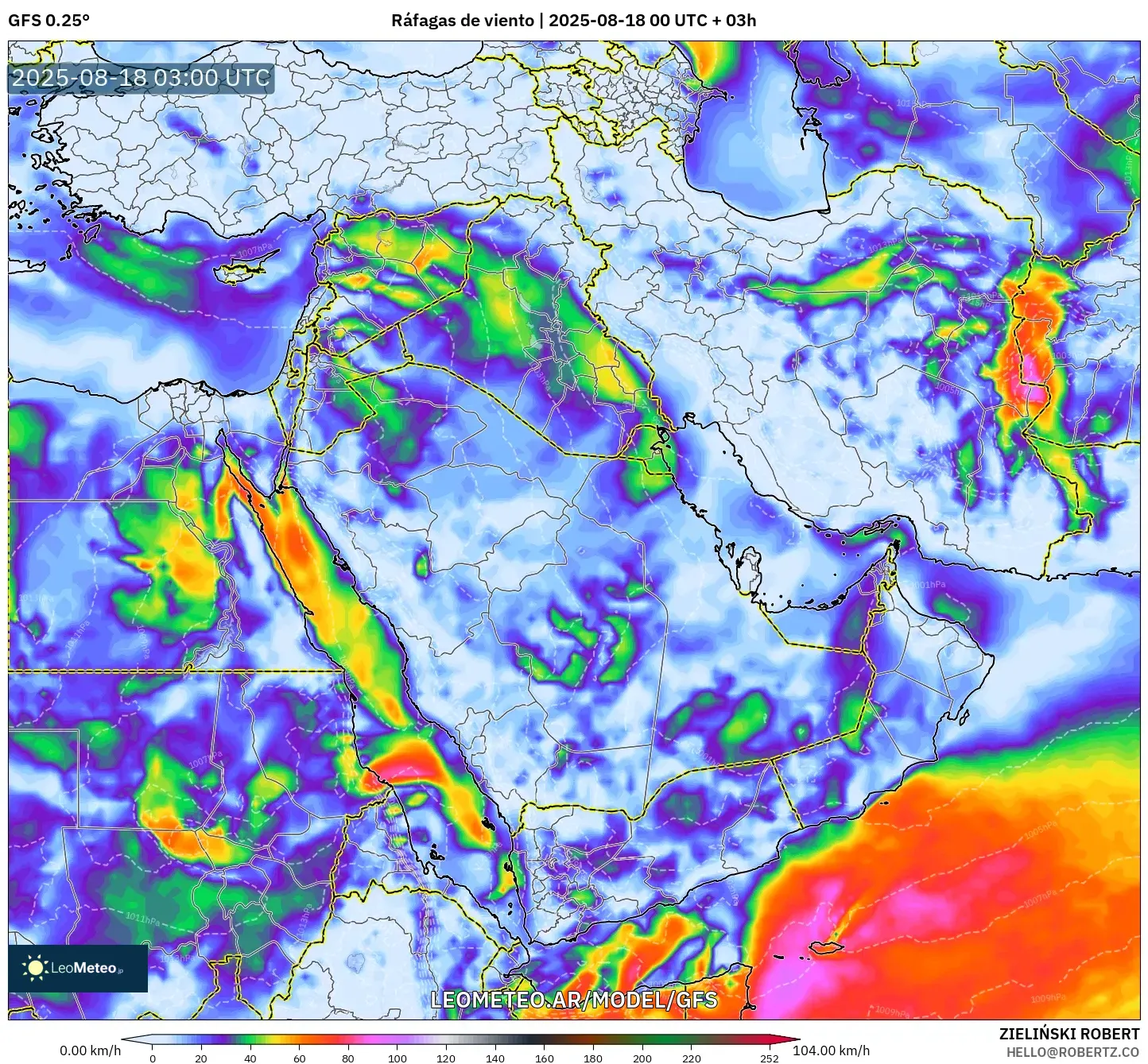 GFS model - Oriente Medio, Ráfagas de viento GFS model - Oriente Medio, Ráfagas de viento
