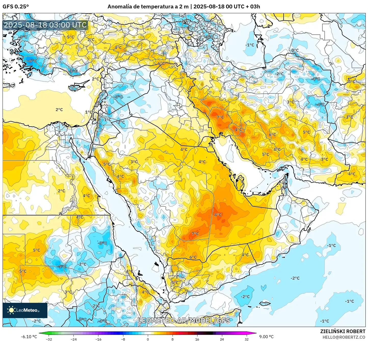 GFS model - Oriente Medio, Anomalía de temperatura a 2 m