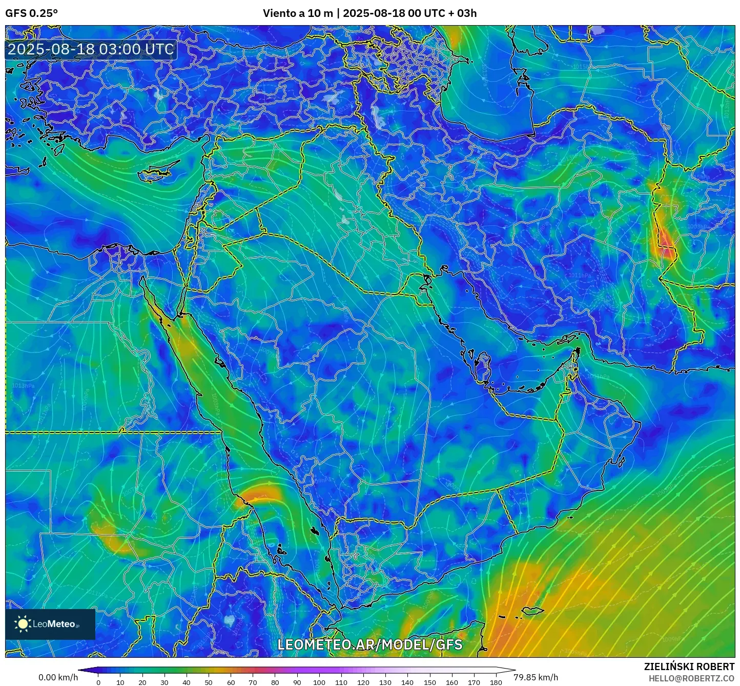 GFS model - Oriente Medio, Viento a 10 m