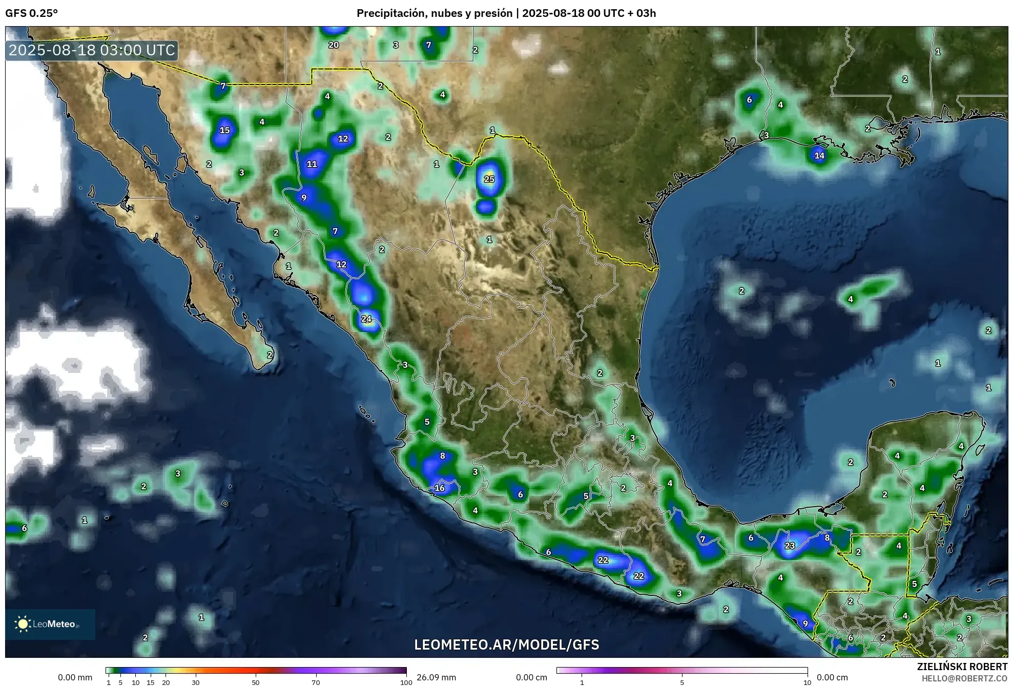 GFS model - México, Precipitación, nubes y presión GFS model - México, Precipitación, nubes y presión