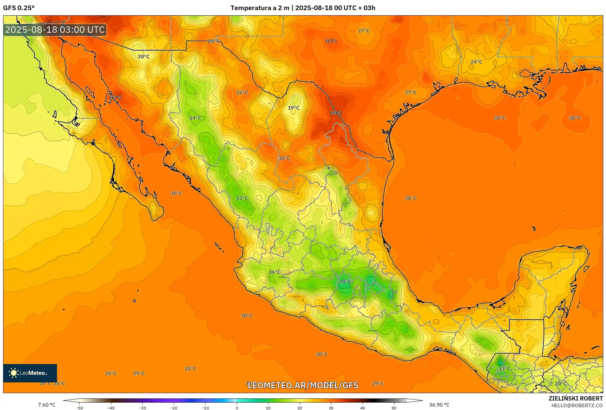 GFS model - México, Temperatura a 2 m