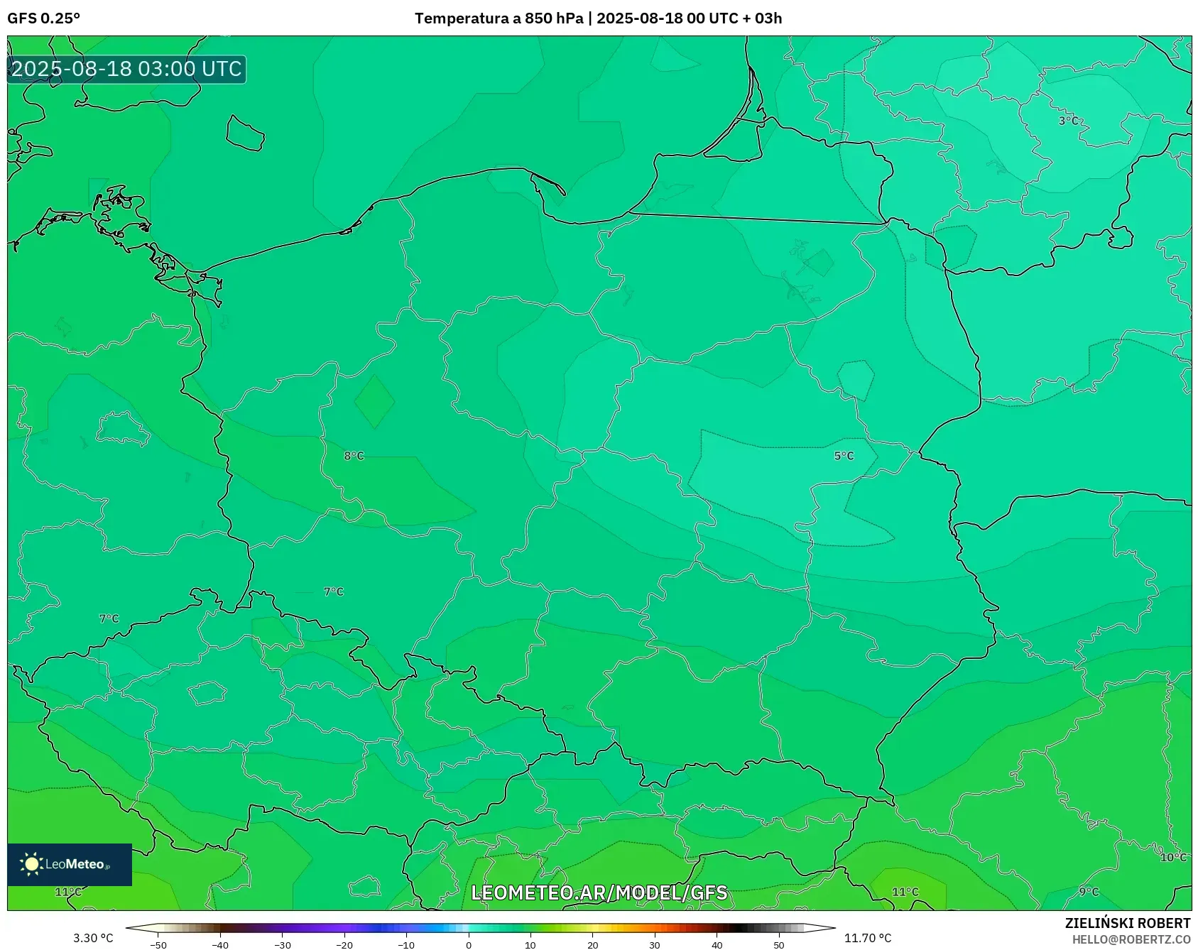 GFS model - Polonia, Temperatura a 850 hPa GFS model - Polonia, Temperatura a 850 hPa
