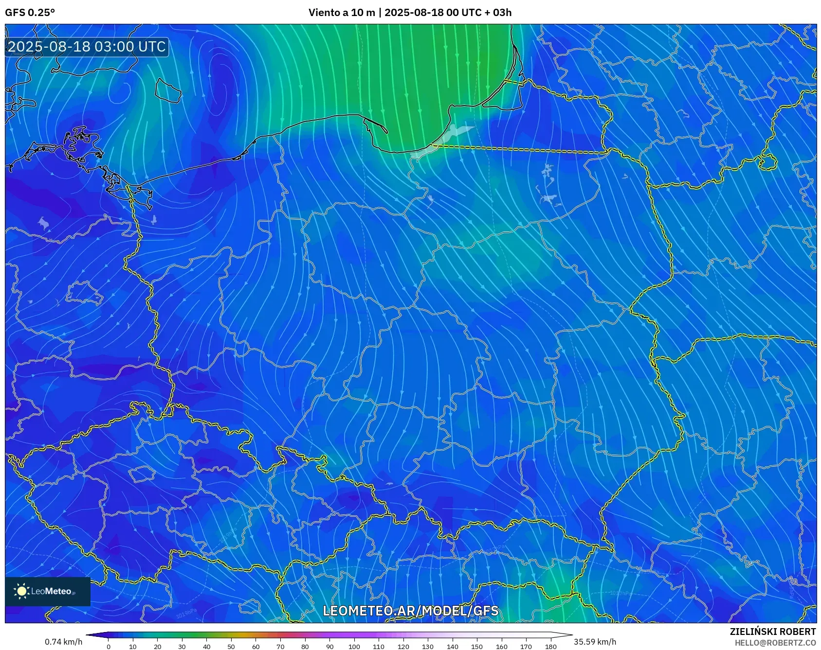 GFS model - Polonia, Viento a 10 m