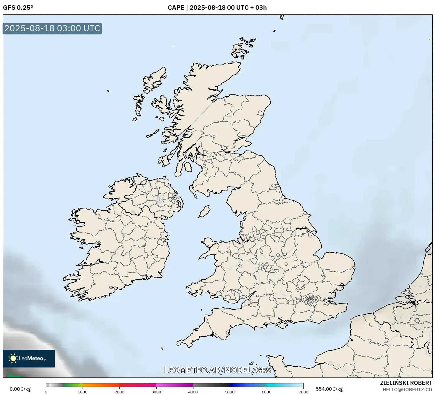 GFS model - Reino Unido, CAPE GFS model - Reino Unido, CAPE