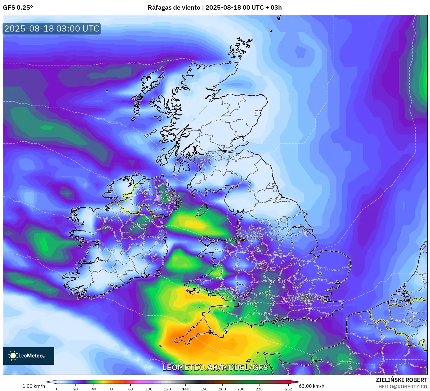 GFS model - Reino Unido, Ráfagas de viento GFS model - Reino Unido, Ráfagas de viento