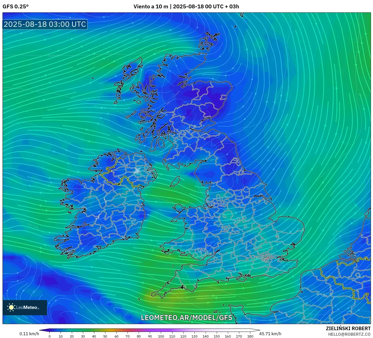 GFS model - Reino Unido, Viento a 10 m GFS model - Reino Unido, Viento a 10 m