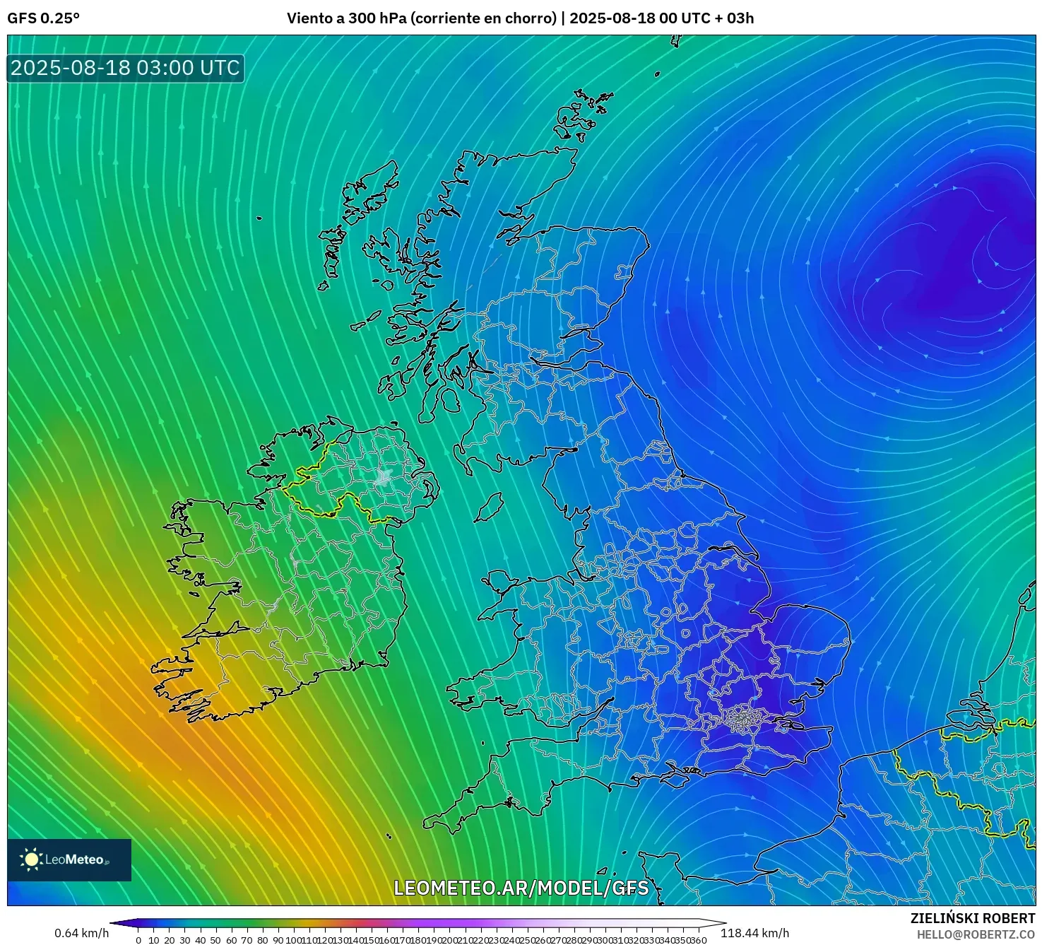 GFS model - Reino Unido, Viento a 300 hPa (corriente en chorro) GFS model - Reino Unido, Viento a 300 hPa (corriente en chorro)