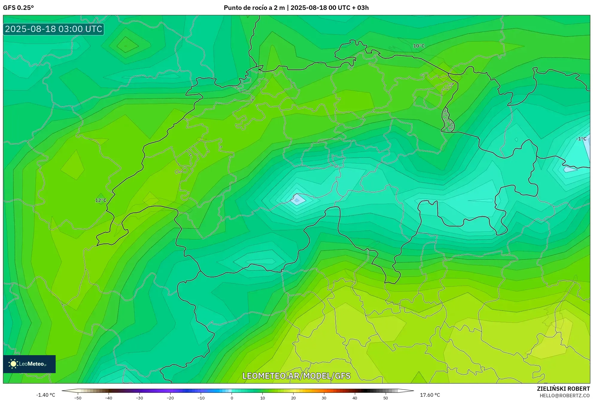 GFS model - Suiza, Punto de rocío a 2 m GFS model - Suiza, Punto de rocío a 2 m