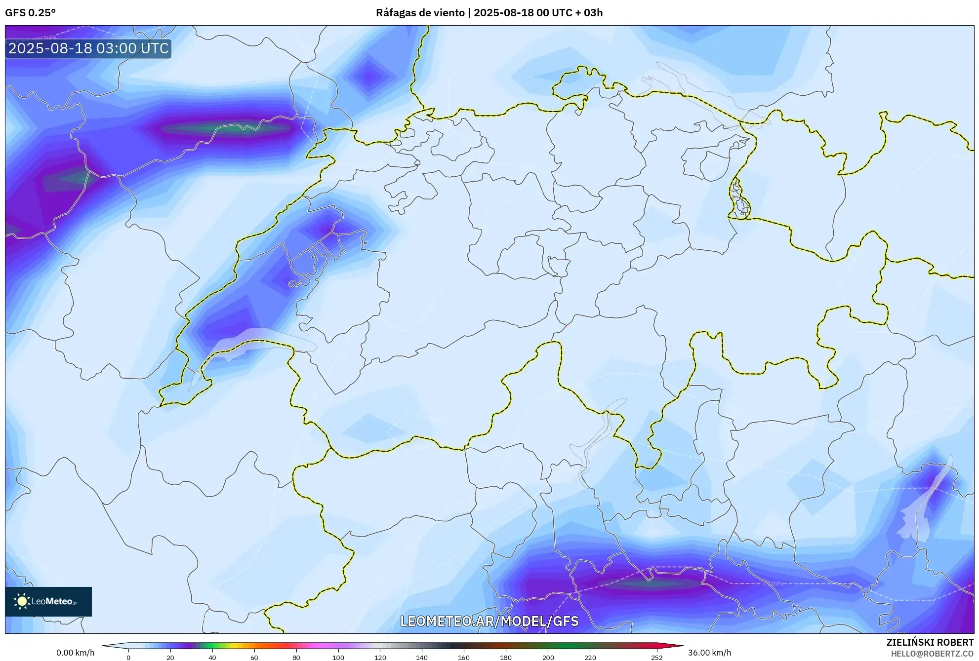 GFS model - Suiza, Ráfagas de viento GFS model - Suiza, Ráfagas de viento
