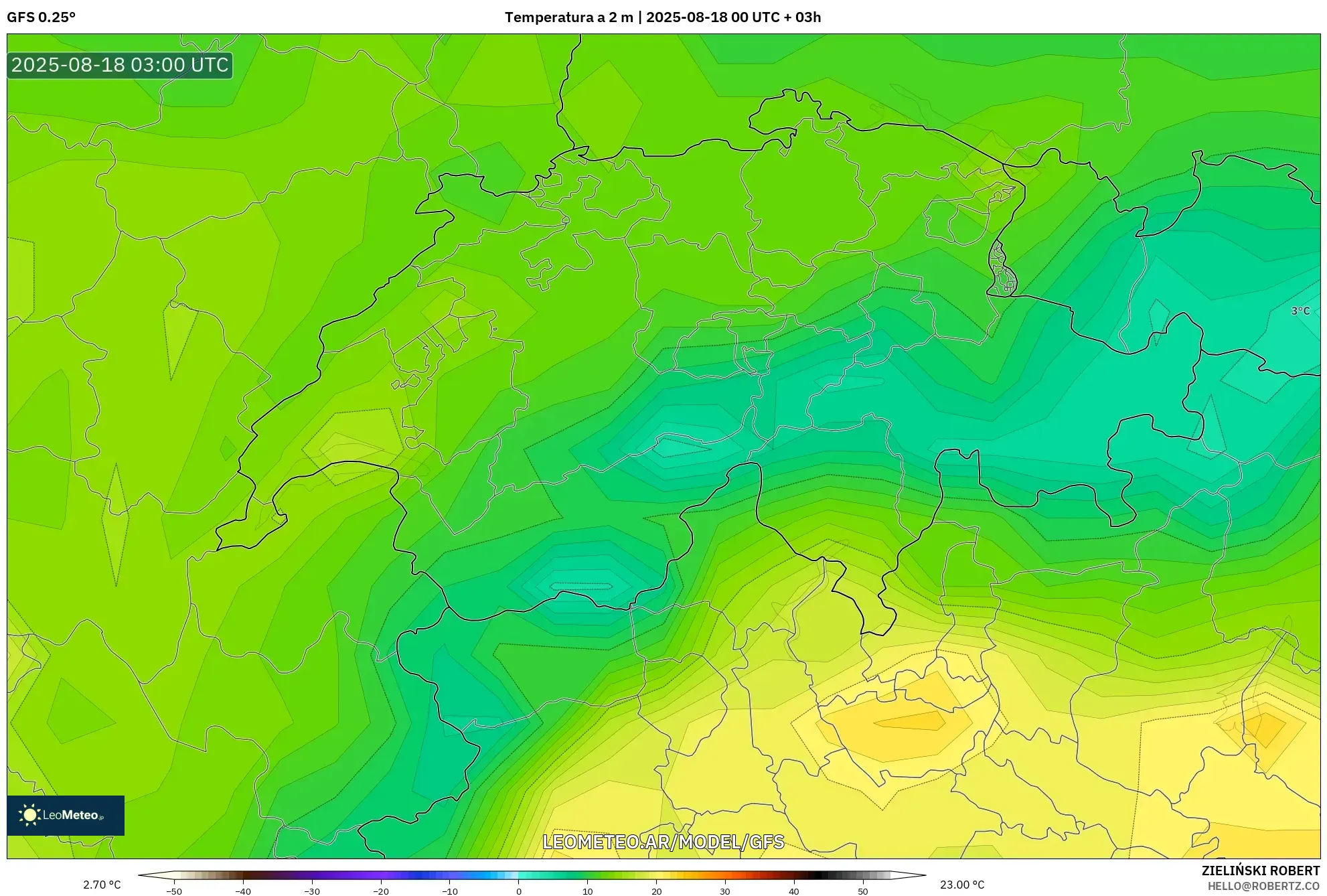 GFS model - Suiza, Temperatura a 2 m GFS model - Suiza, Temperatura a 2 m