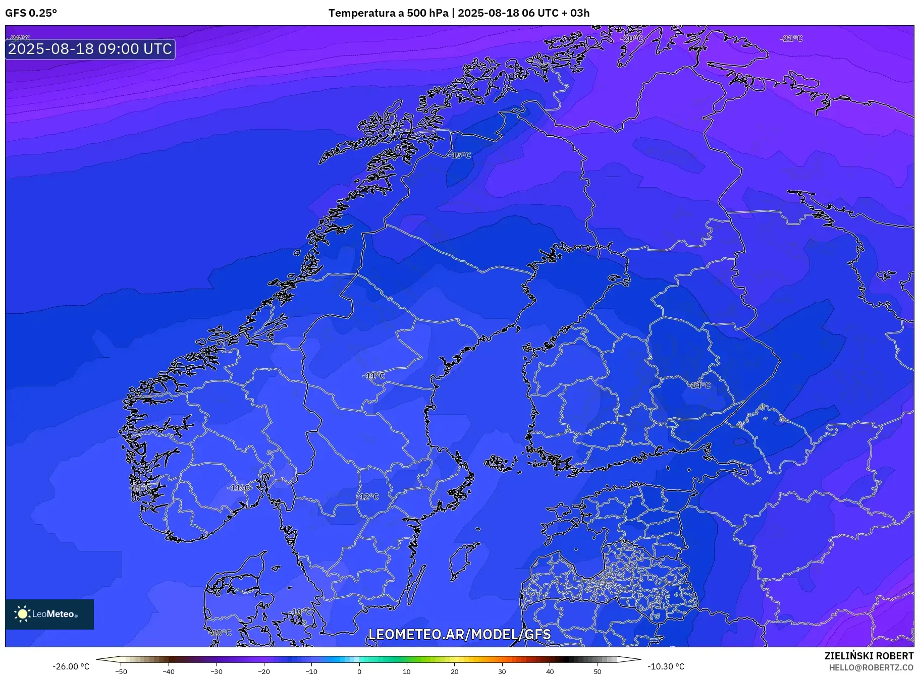GFS model - Escandinavia, Temperatura a 500 hPa GFS model - Escandinavia, Temperatura a 500 hPa