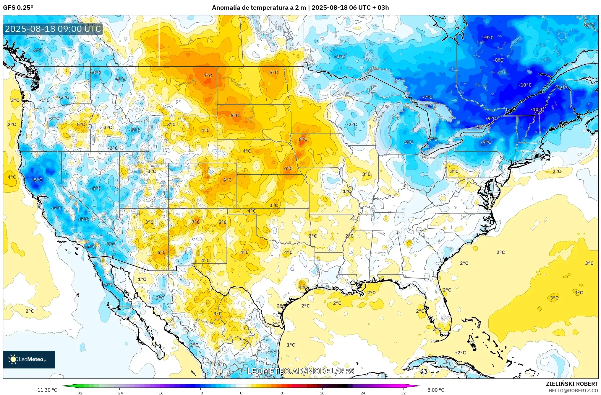 GFS model - Estados Unidos, Anomalía de temperatura a 2 m