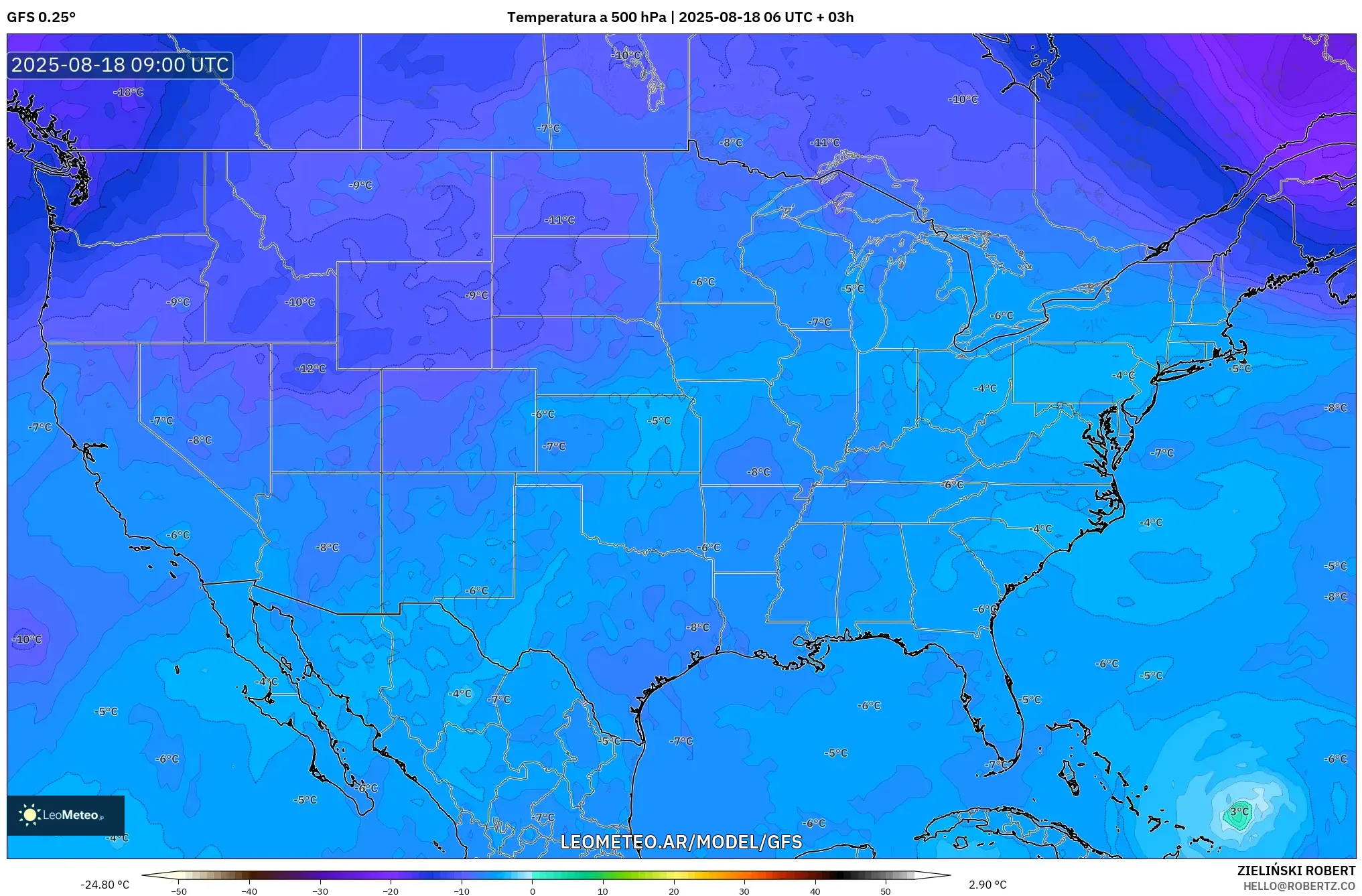GFS model - Estados Unidos, Temperatura a 500 hPa