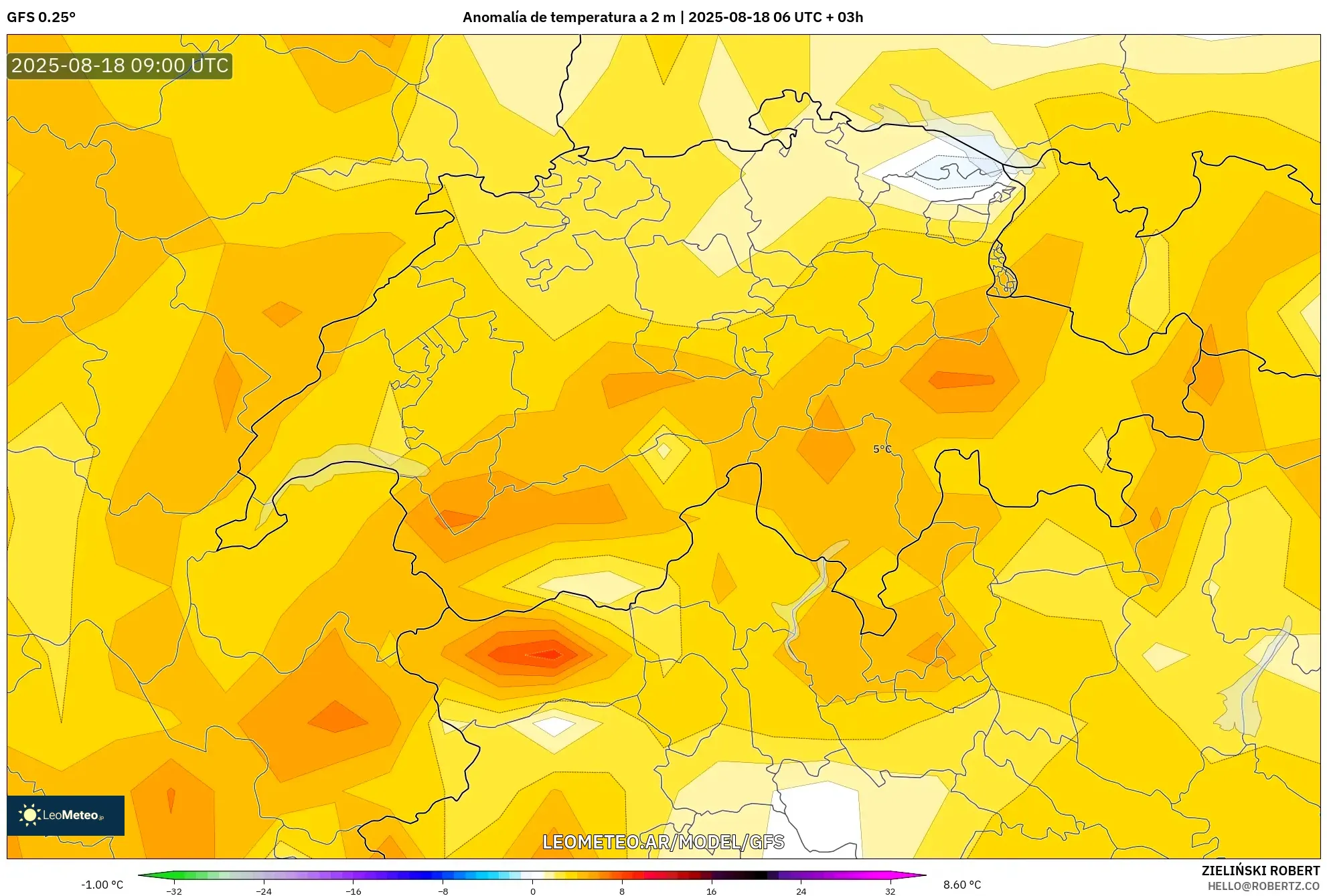 GFS model - Suiza, Anomalía de temperatura a 2 m