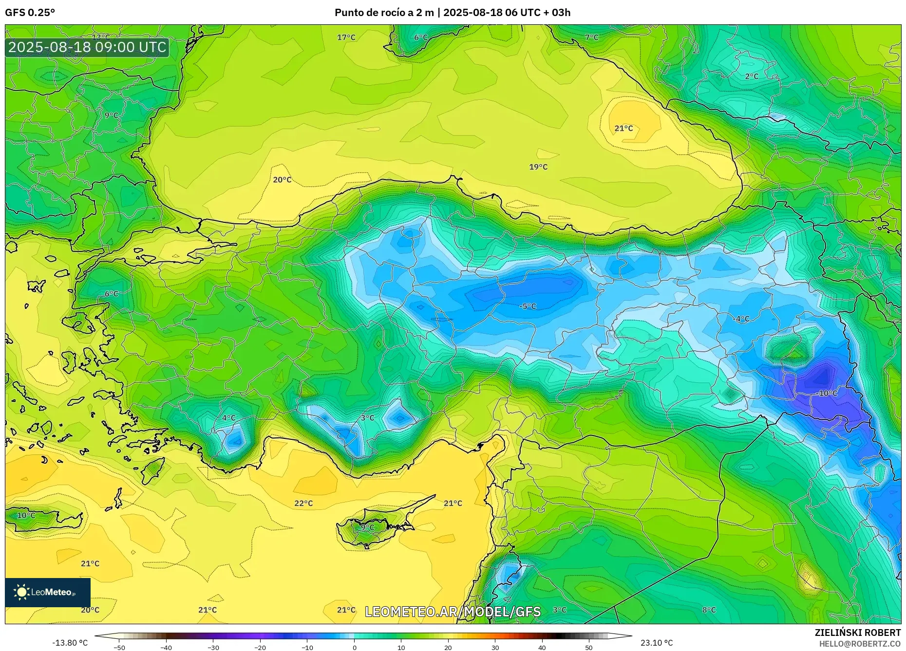 GFS model - Turquía, Punto de rocío a 2 m