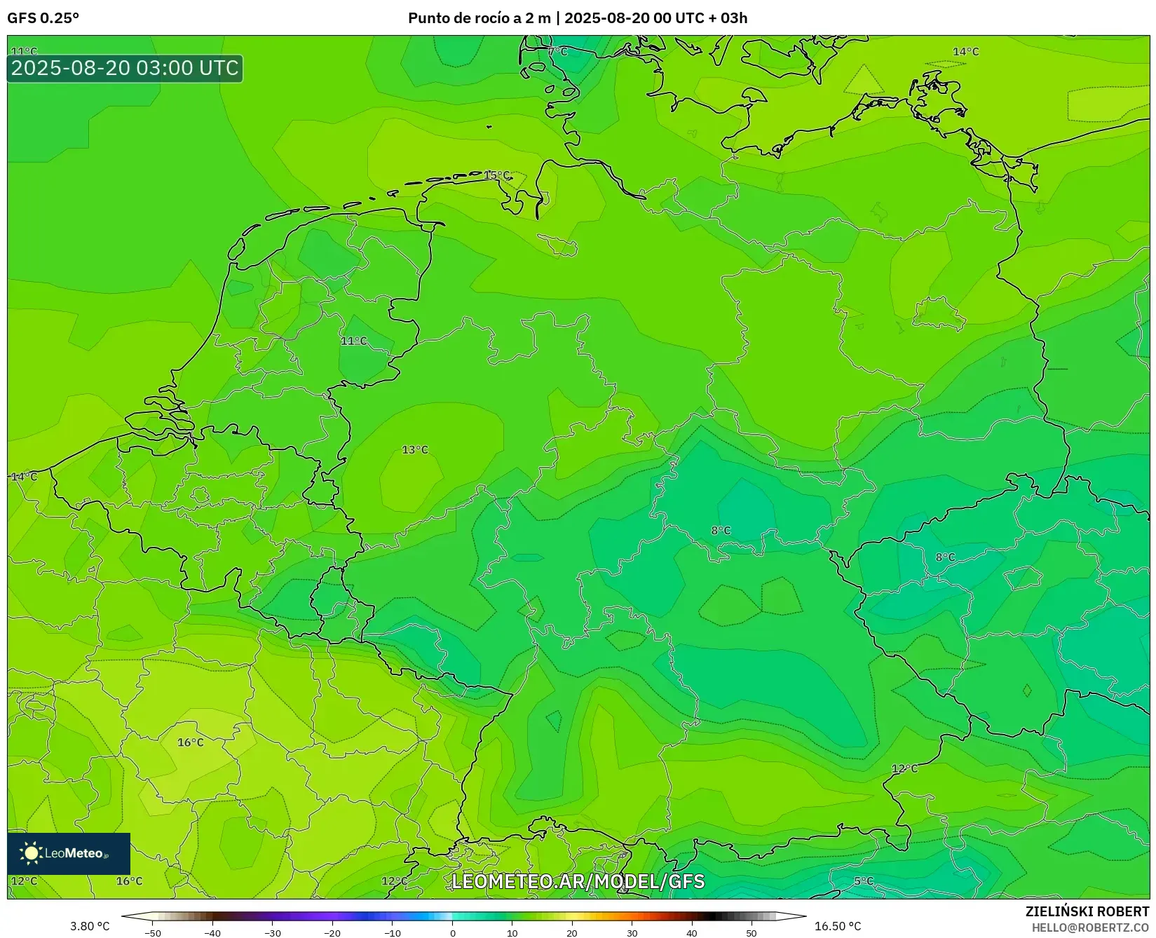 GFS model - Alemania, Punto de rocío a 2 m