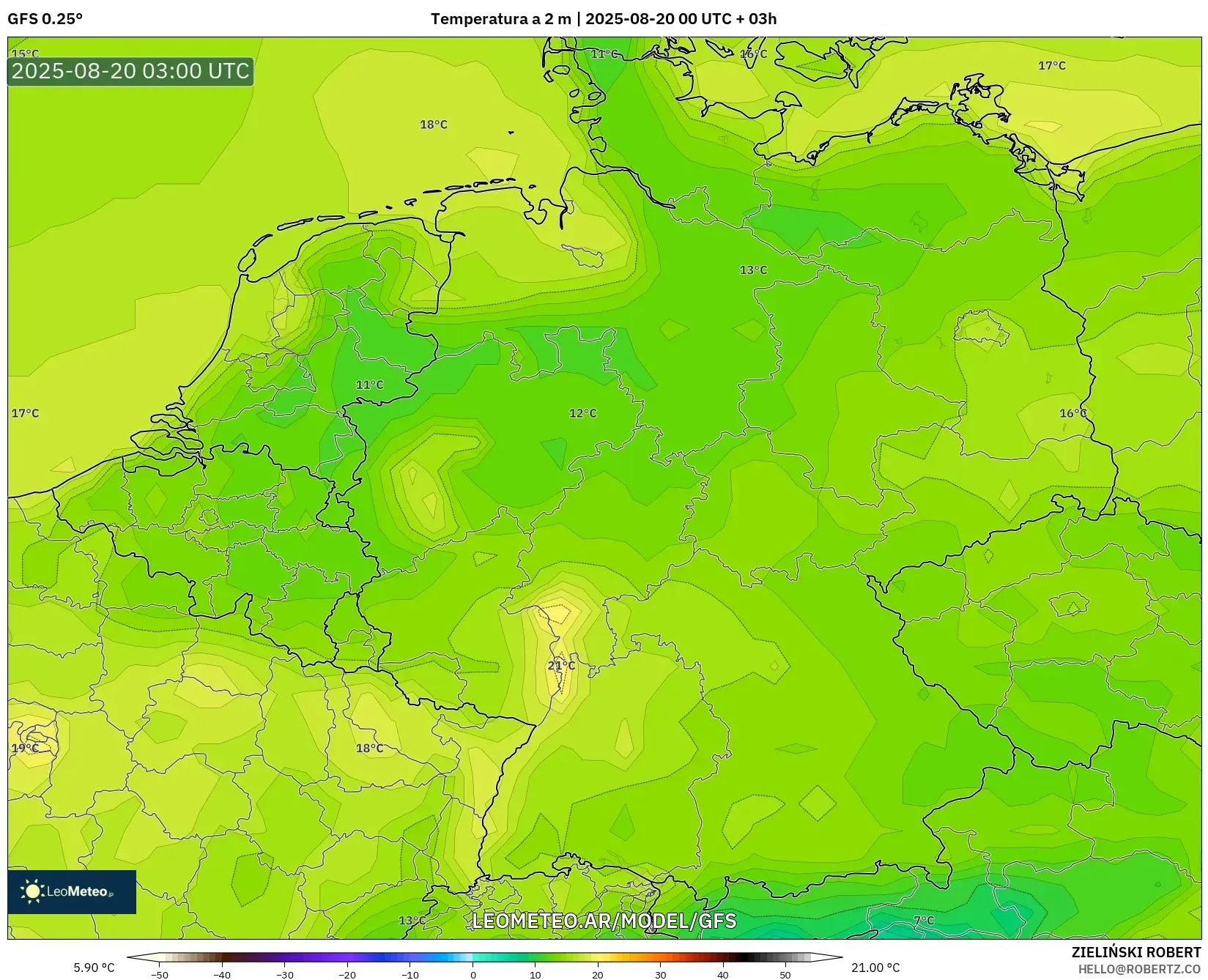 GFS model - Alemania, Temperatura a 2 m