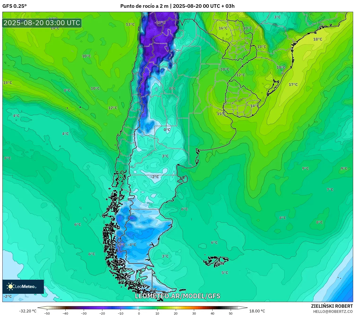 GFS model - Argentina, Punto de rocío a 2 m