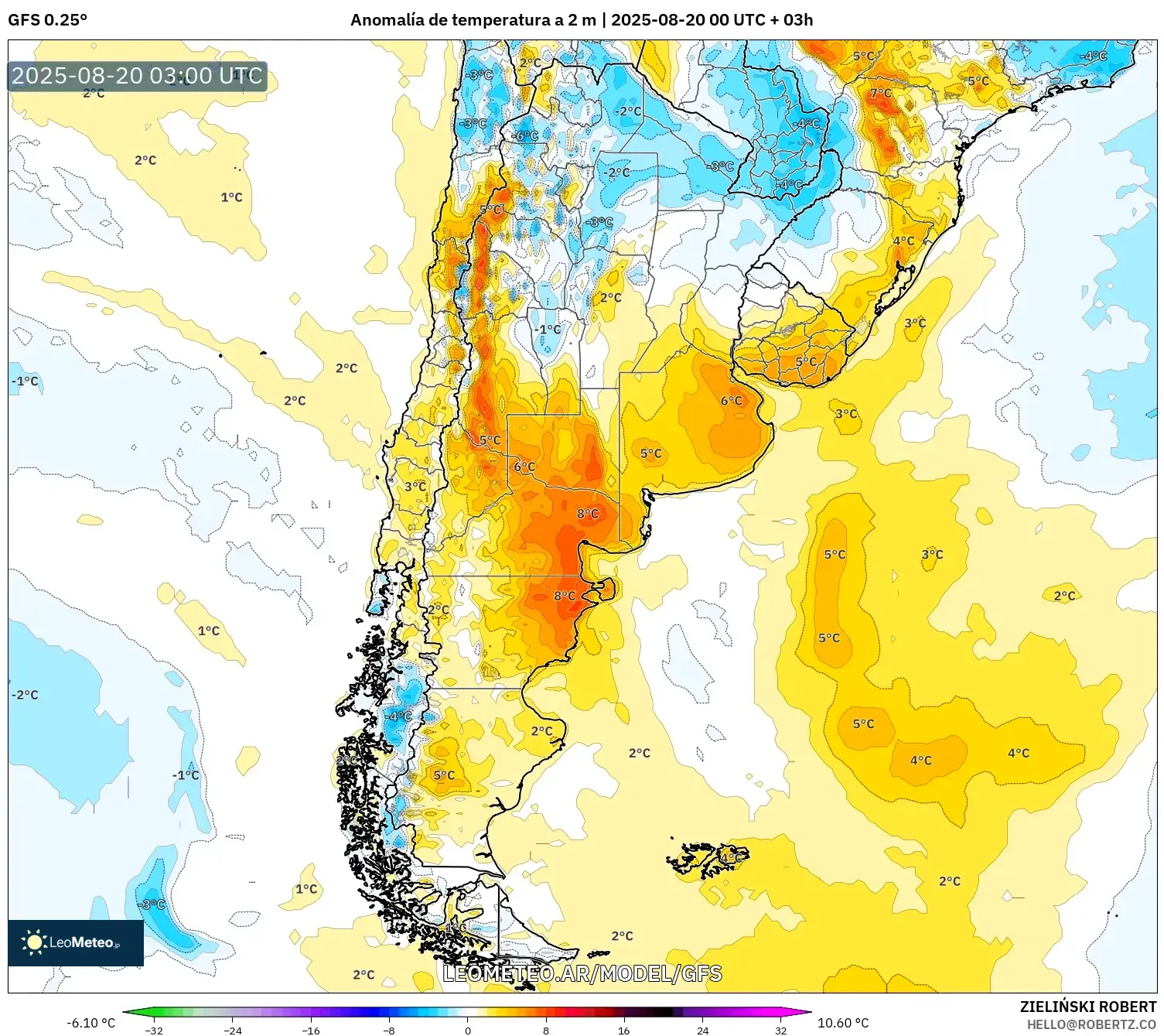 GFS model - Argentina, Anomalía de temperatura a 2 m