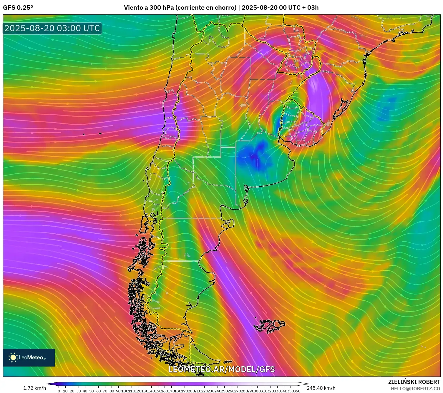 GFS model - Argentina, Viento a 300 hPa (corriente en chorro)