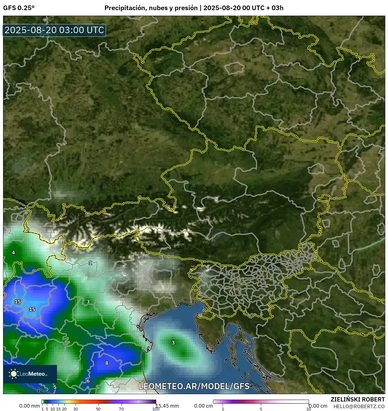 GFS model - Austria, Precipitación, nubes y presión