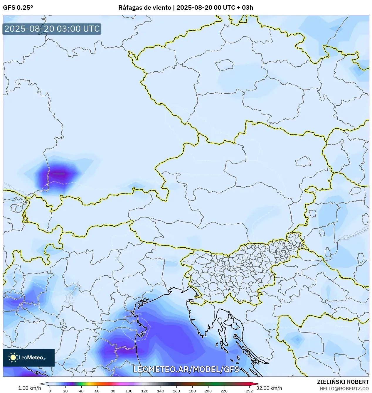 GFS model - Austria, Ráfagas de viento