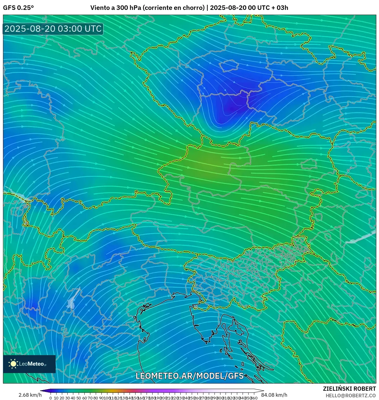 GFS model - Austria, Viento a 300 hPa (corriente en chorro)