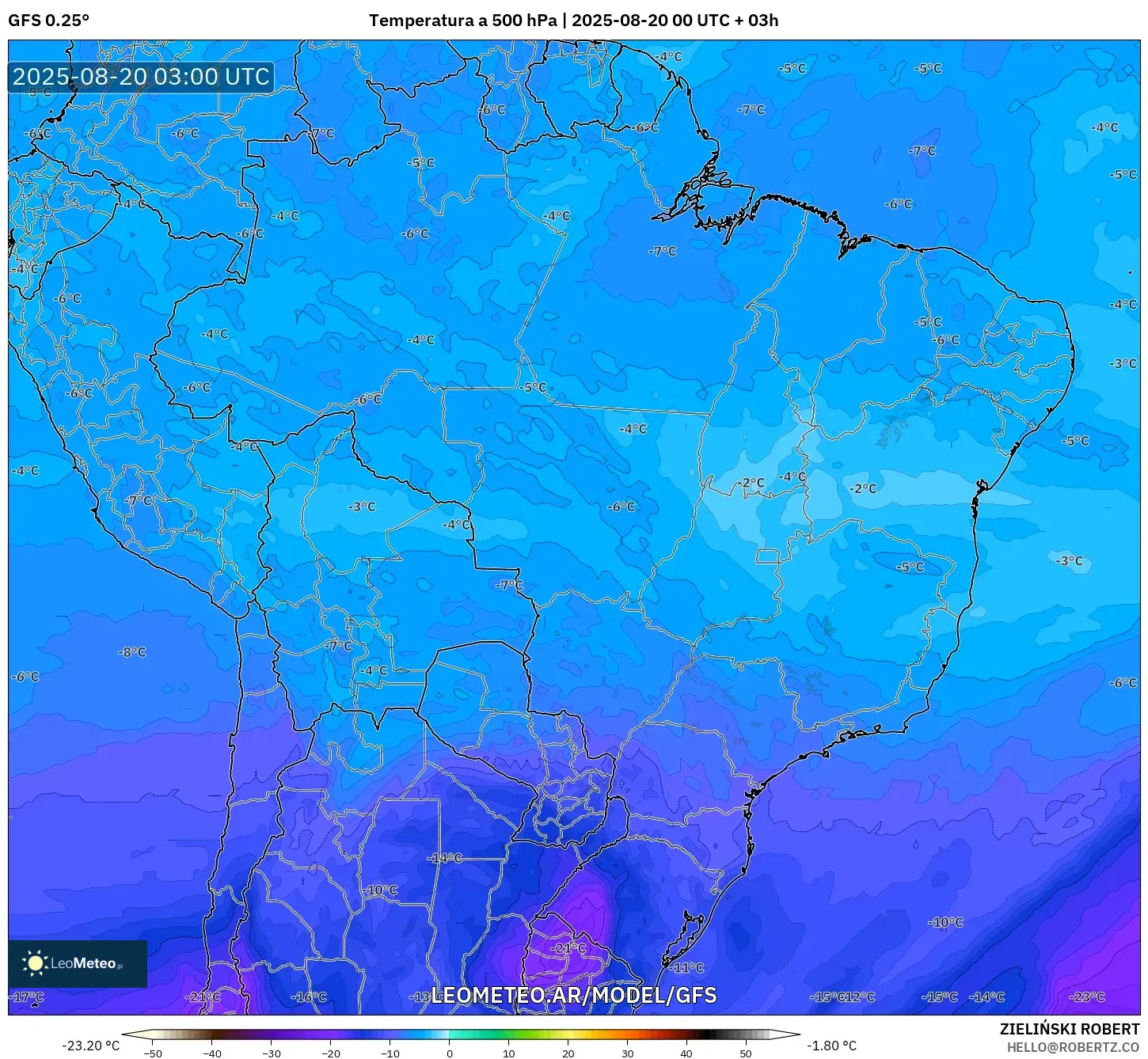 GFS model - Brasil, Temperatura a 500 hPa