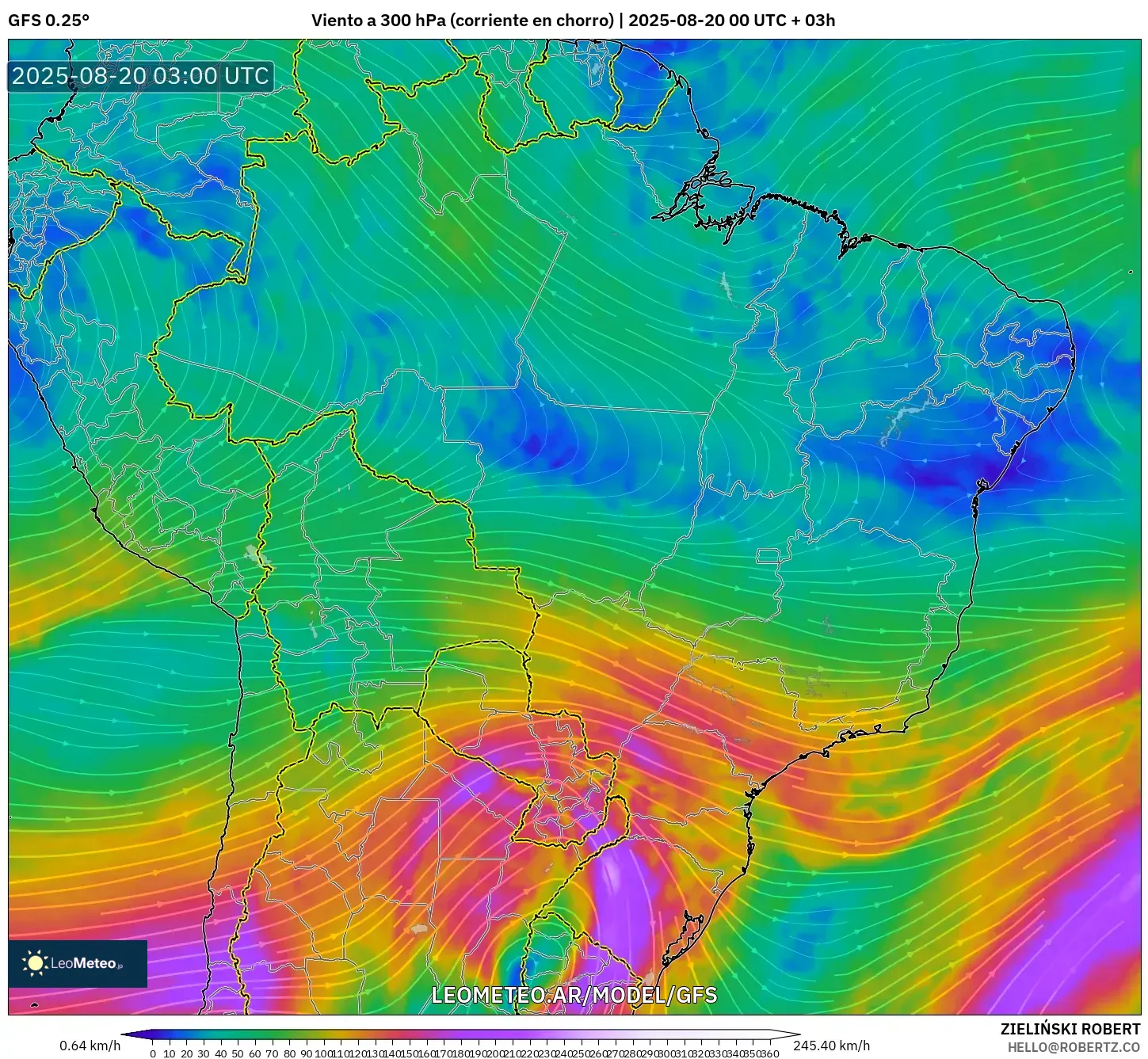 GFS model - Brasil, Viento a 300 hPa (corriente en chorro)
