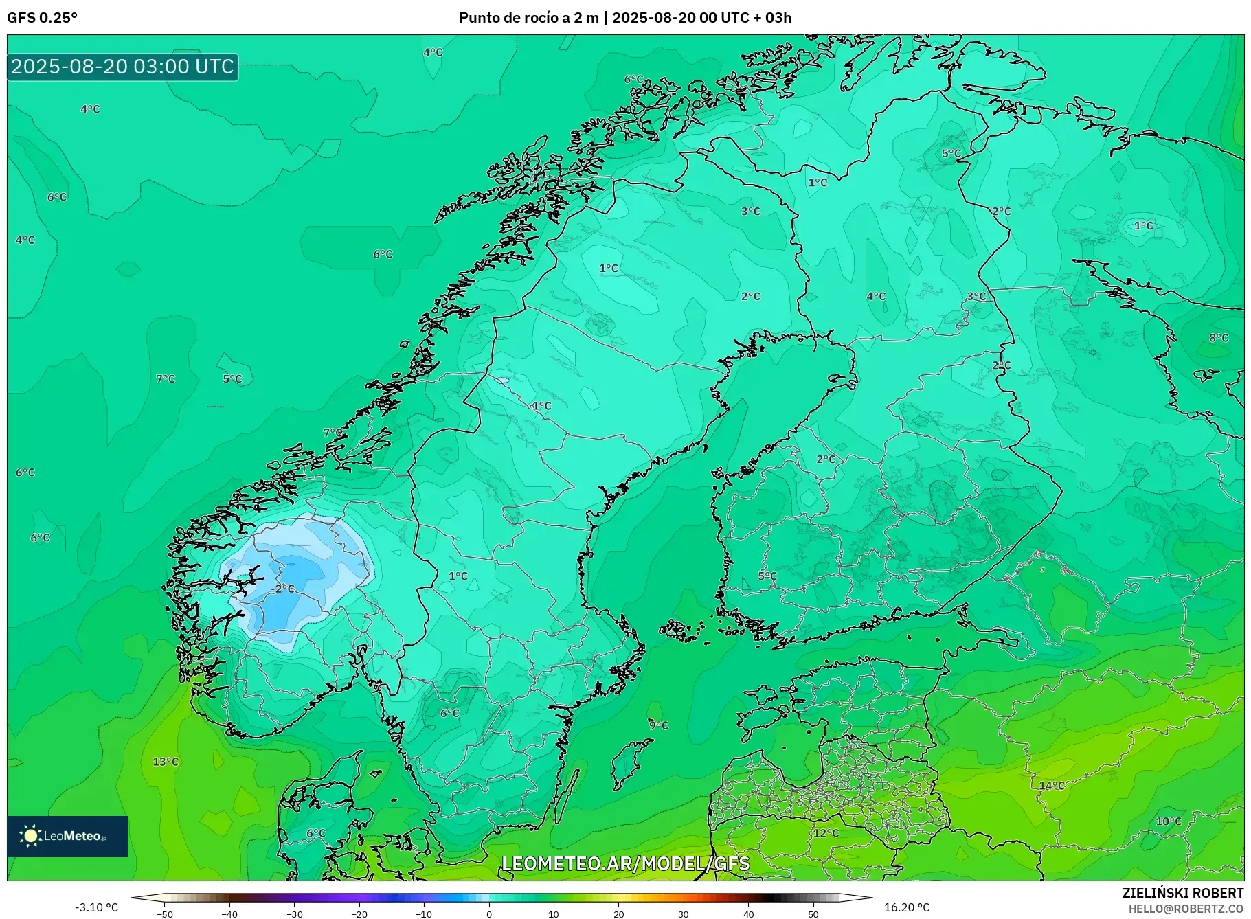 GFS model - Escandinavia, Punto de rocío a 2 m